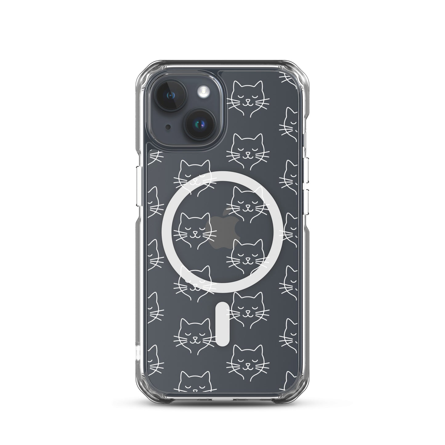 Magnetic Phone Case for iPhone featuring cute cat face pattern on a clear case.
