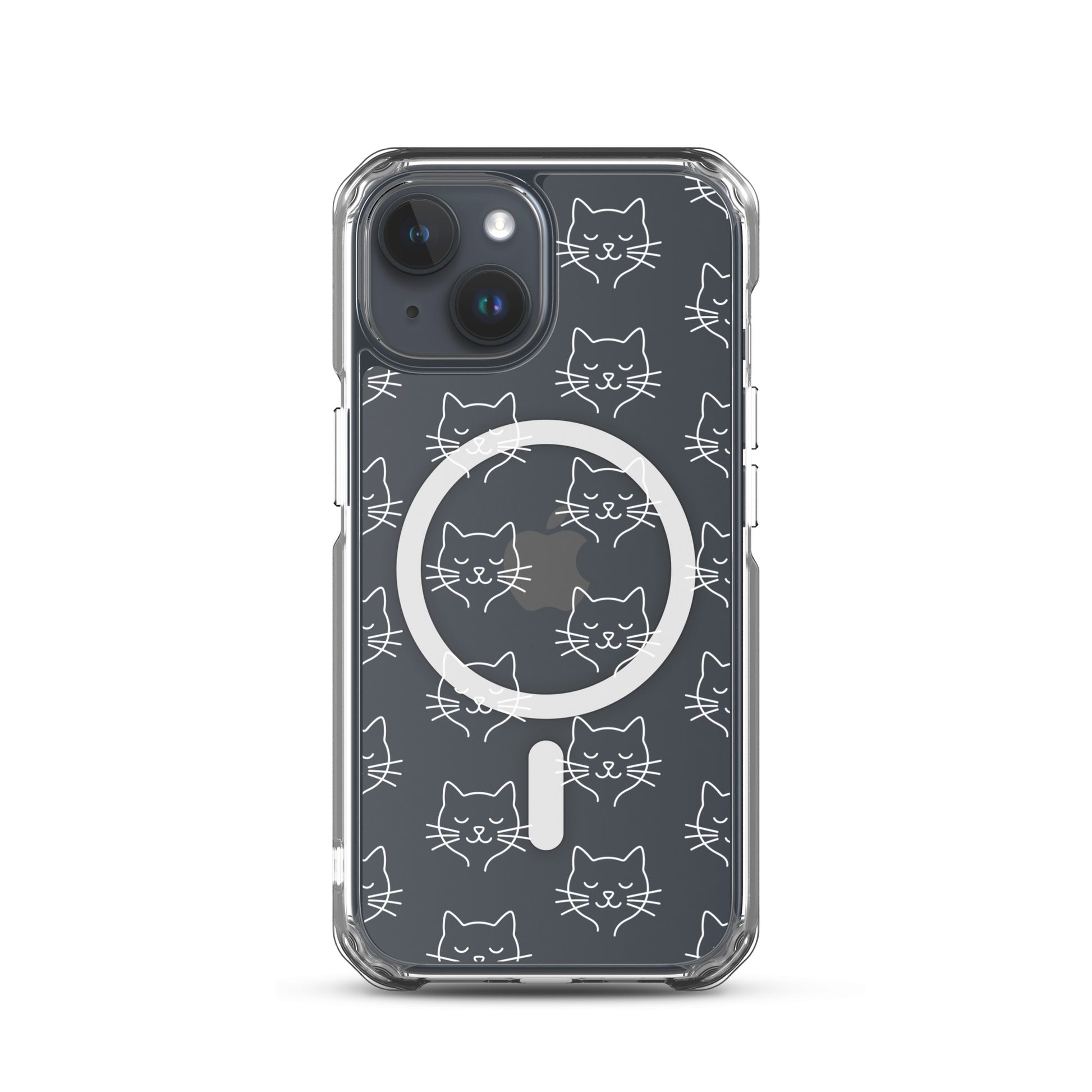 Magnetic Phone Case for iPhone featuring cute cat face pattern on a clear case.