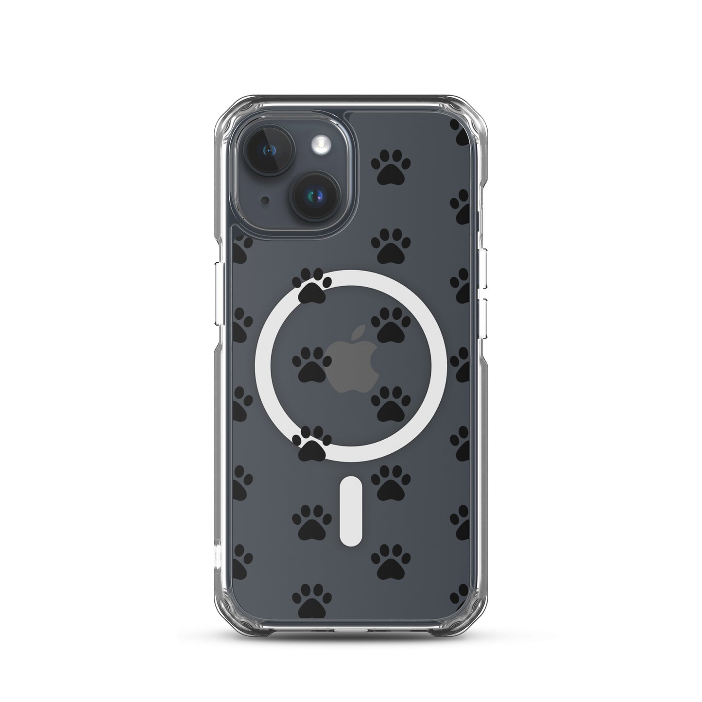 Magnetic Phone Case for iPhone featuring a transparent paw print pattern on a black background.