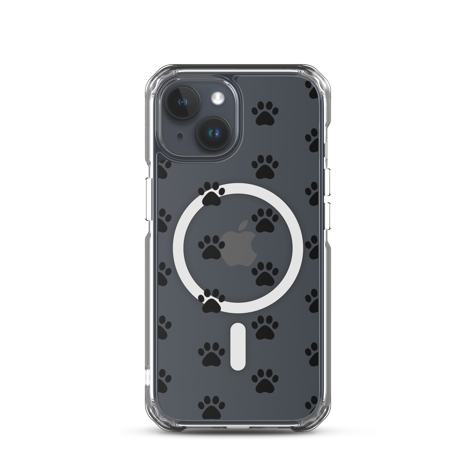 Magnetic Phone Case for iPhone featuring a transparent paw print pattern on a black background.