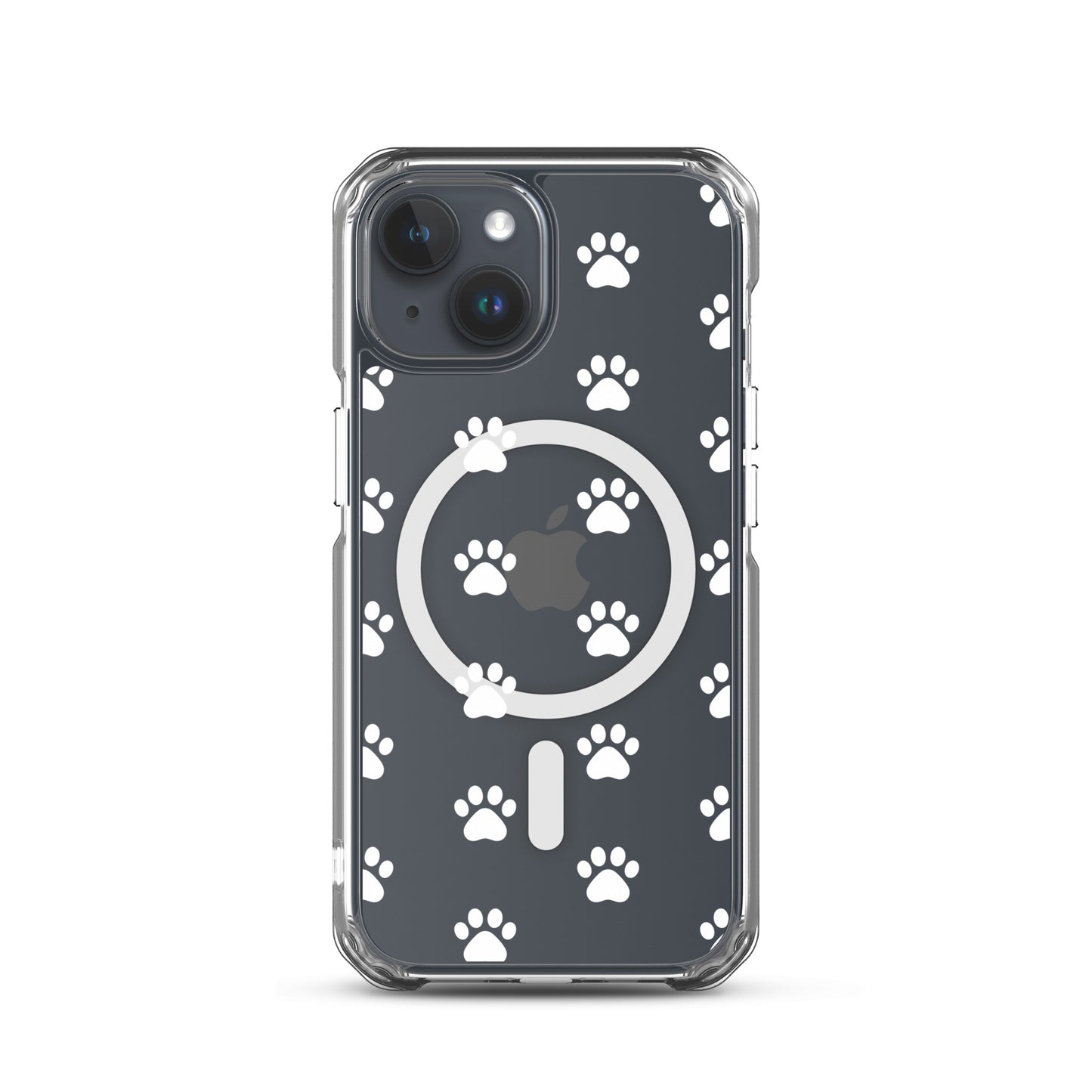 Magnetic Phone Case for iPhone with playful paw print pattern and transparent finish.