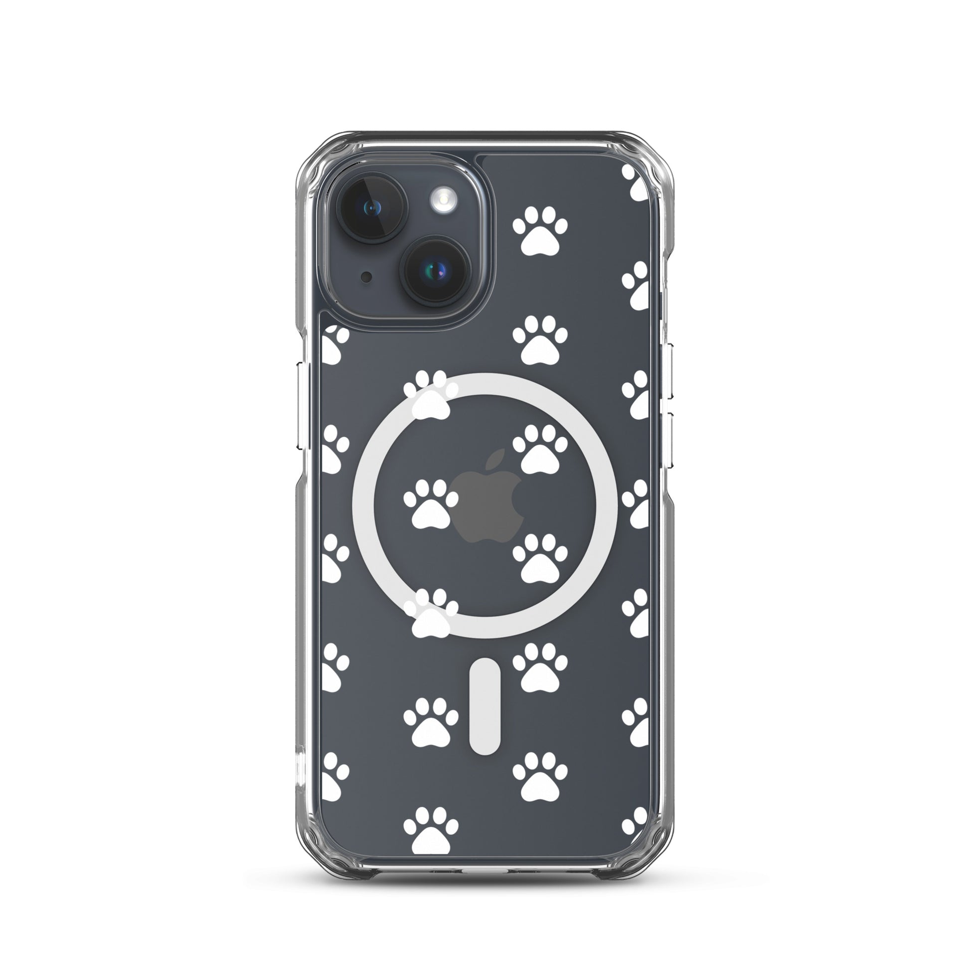 Magnetic Phone Case for iPhone with playful paw print pattern and transparent finish.