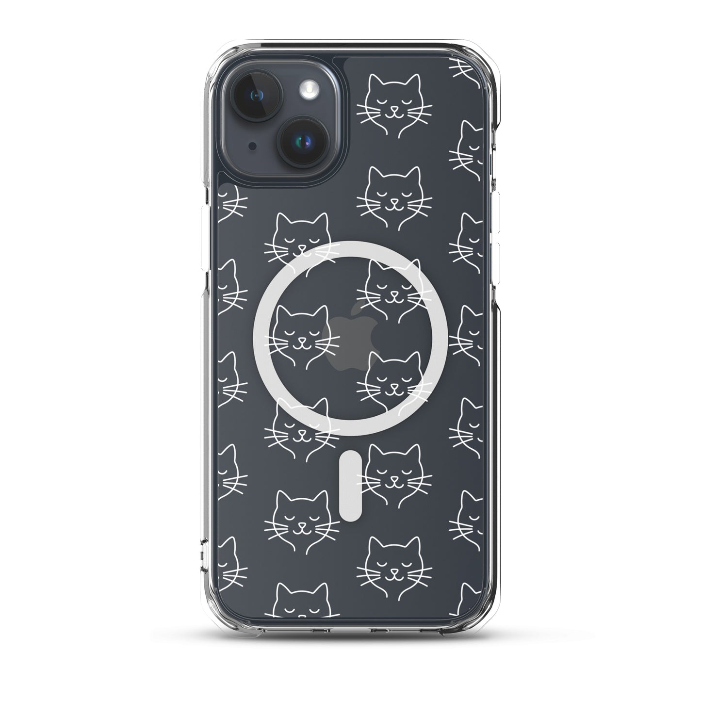 Magnetic Phone Case featuring cute cat face pattern on a clear case for iPhone.