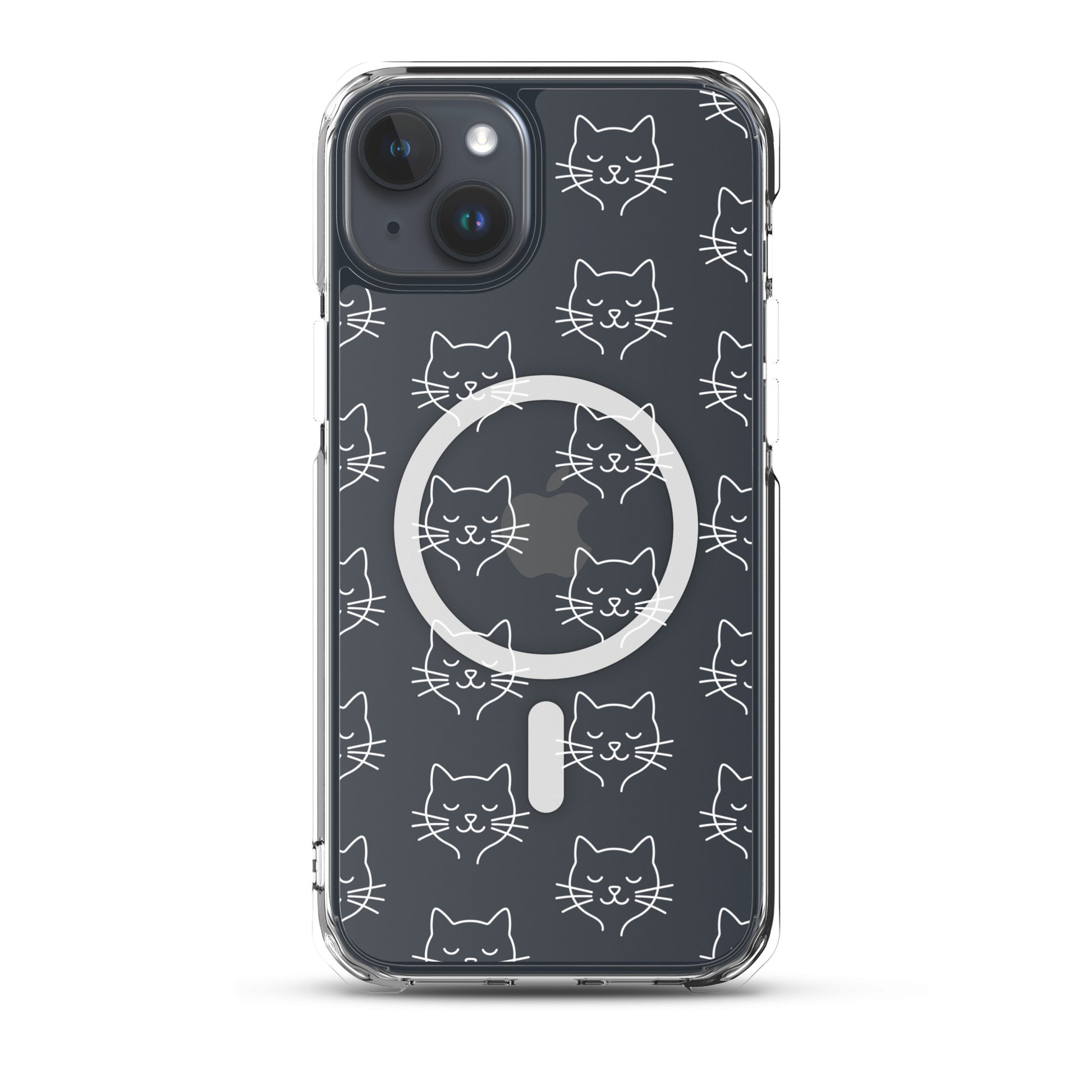 Magnetic Phone Case featuring cute cat face pattern on a clear case for iPhone.