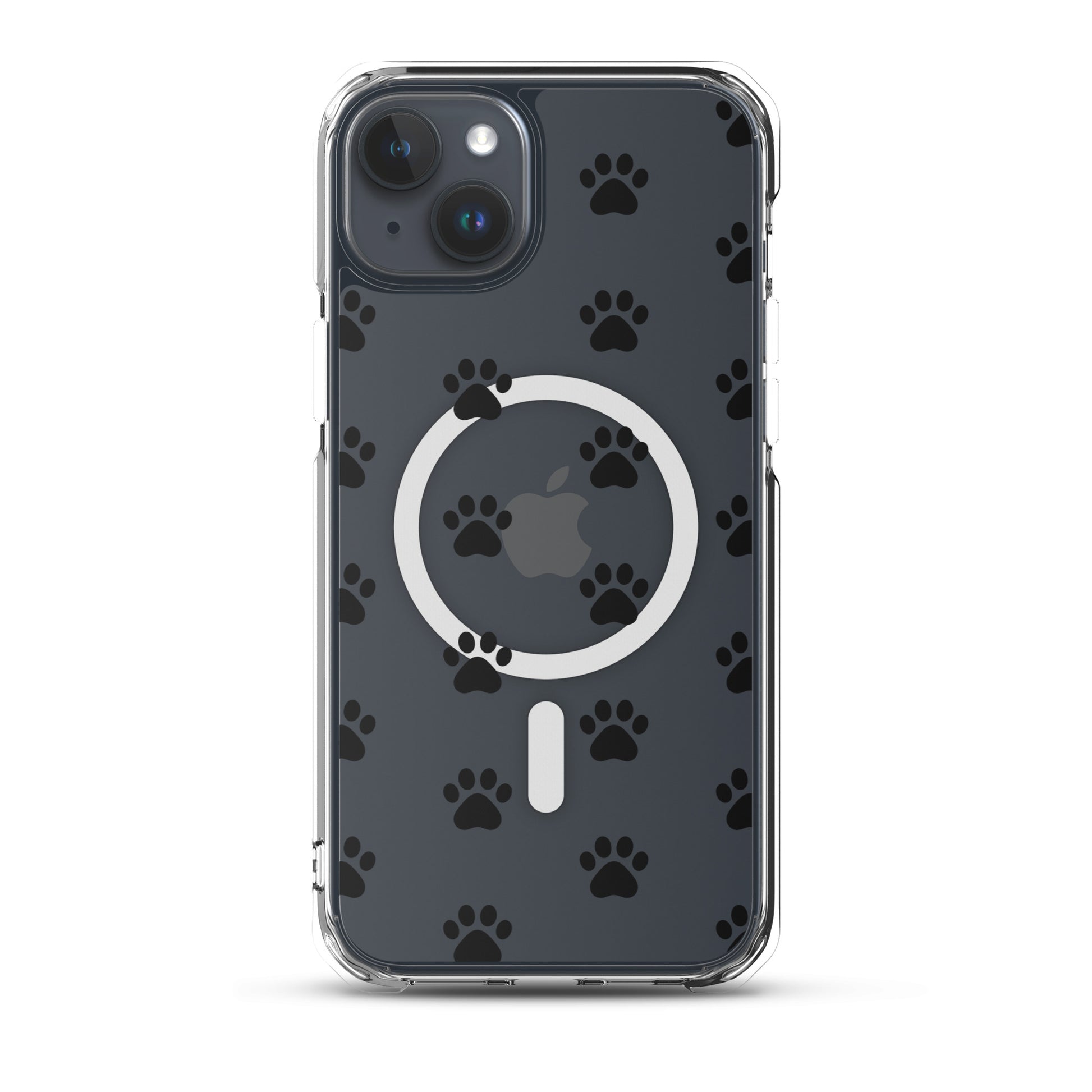 Magnetic Phone Case for iPhone with playful paw print pattern and transparent finish.