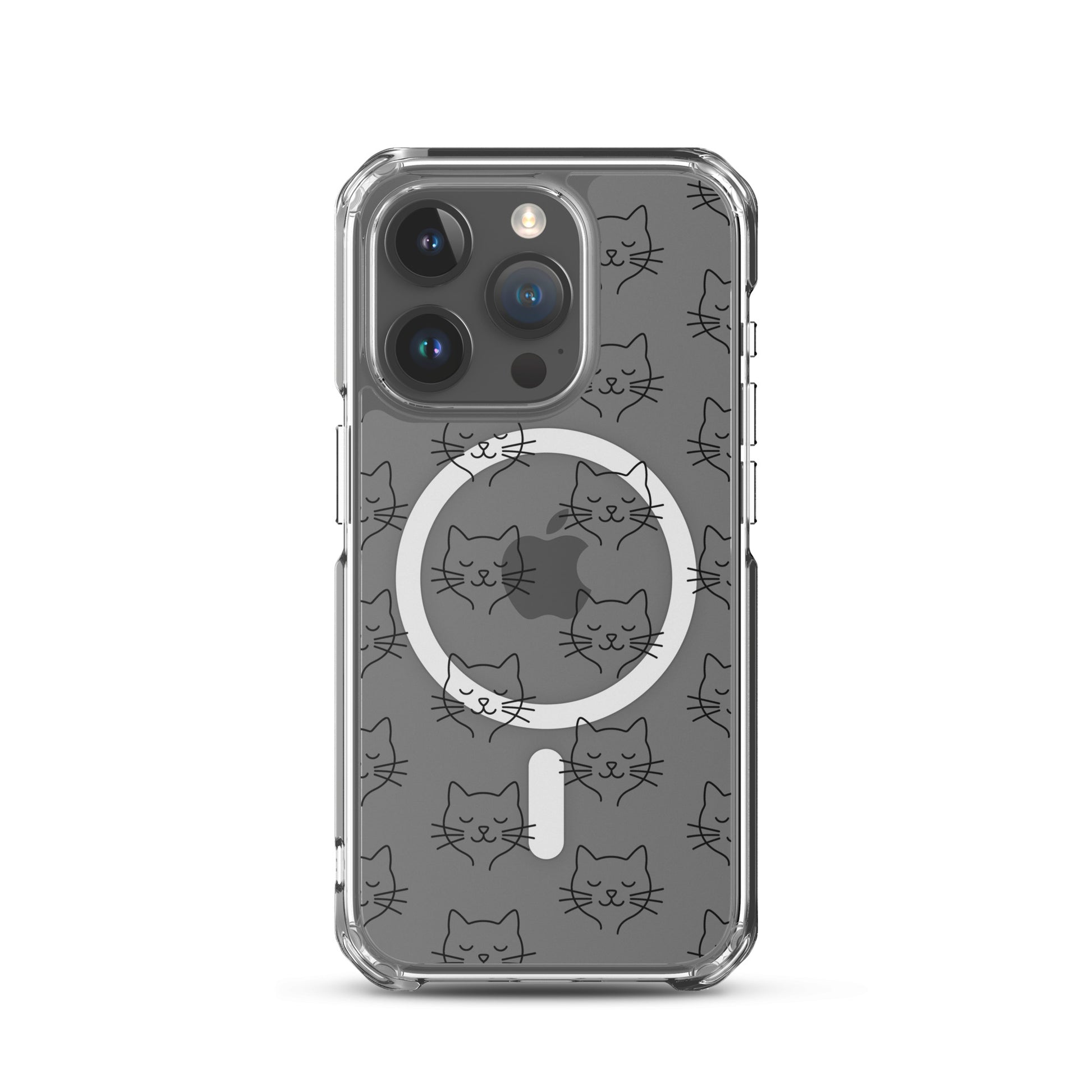 Magnetic Phone Case for iPhone featuring a cute cat face pattern on a clear case.