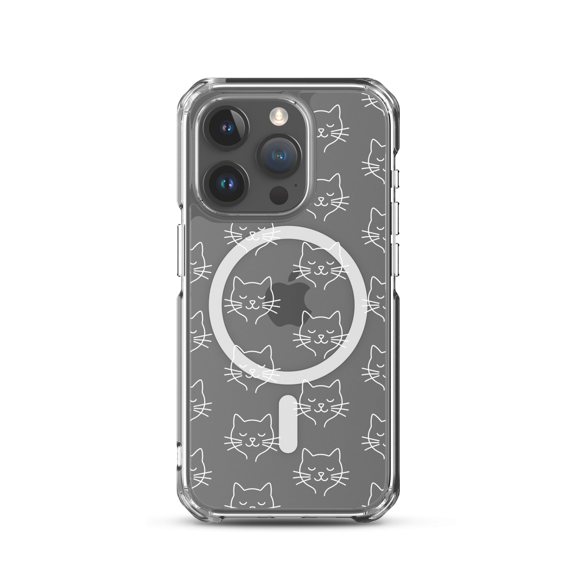 Magnetic Phone Case featuring cute cat face pattern, clear design for iPhone, perfect for cat lovers.