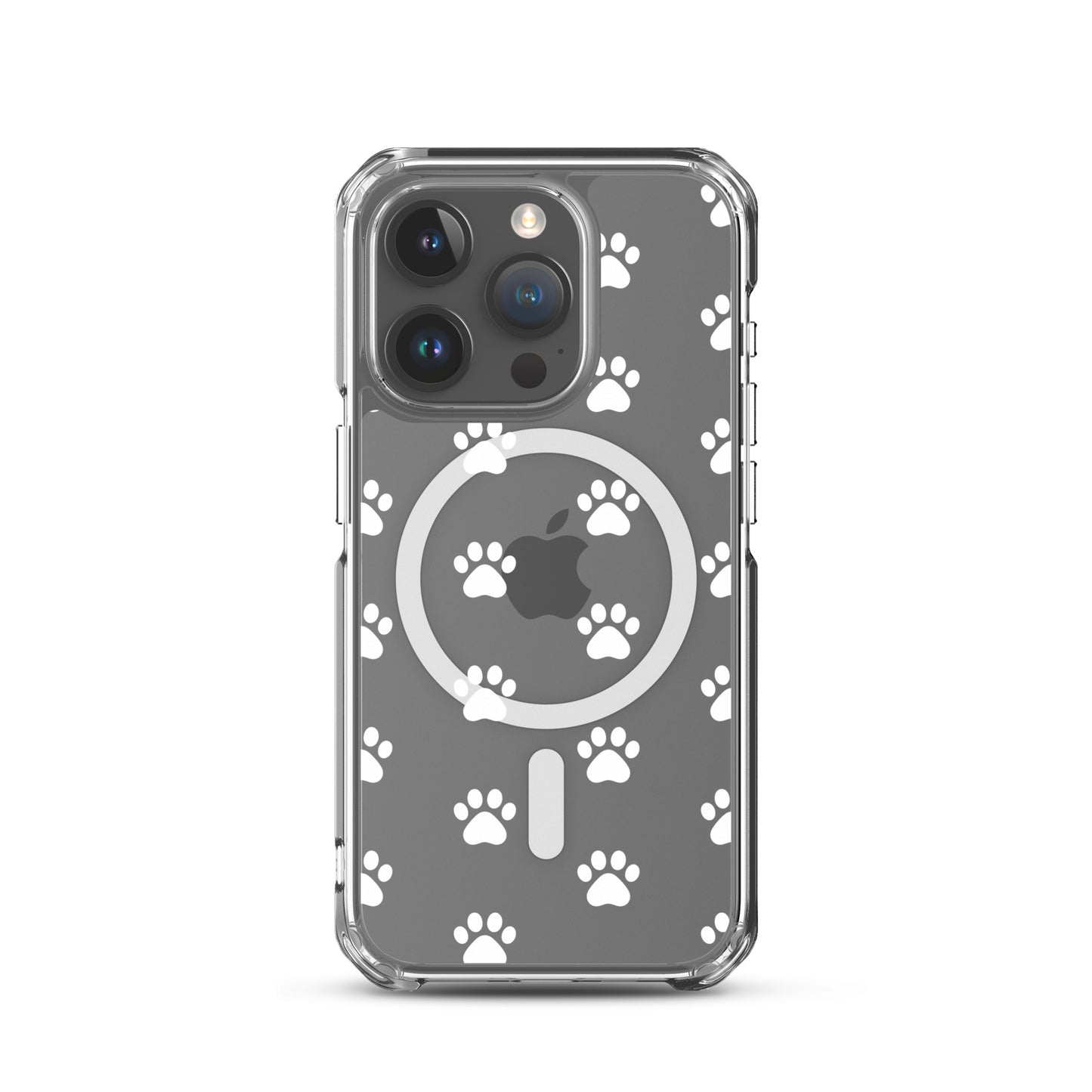 Magnetic Phone Case featuring playful paw print pattern for pet lovers, transparent design for iPhone.