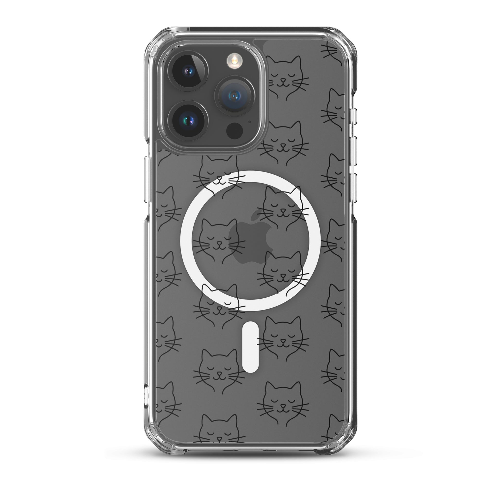Magnetic Phone Case for iPhone with cute cat face pattern on a clear case design.