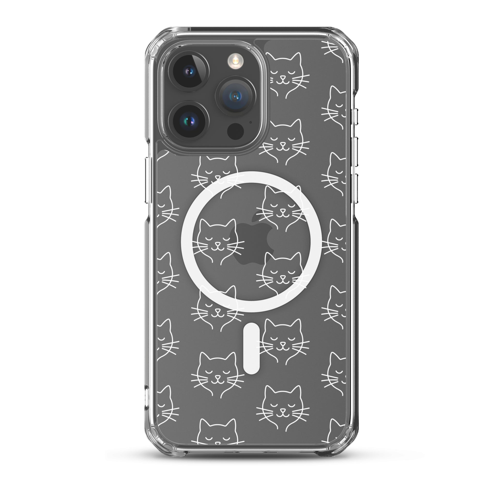 Magnetic Phone Case featuring a cute cat face pattern on a clear design, perfect for cat lovers.