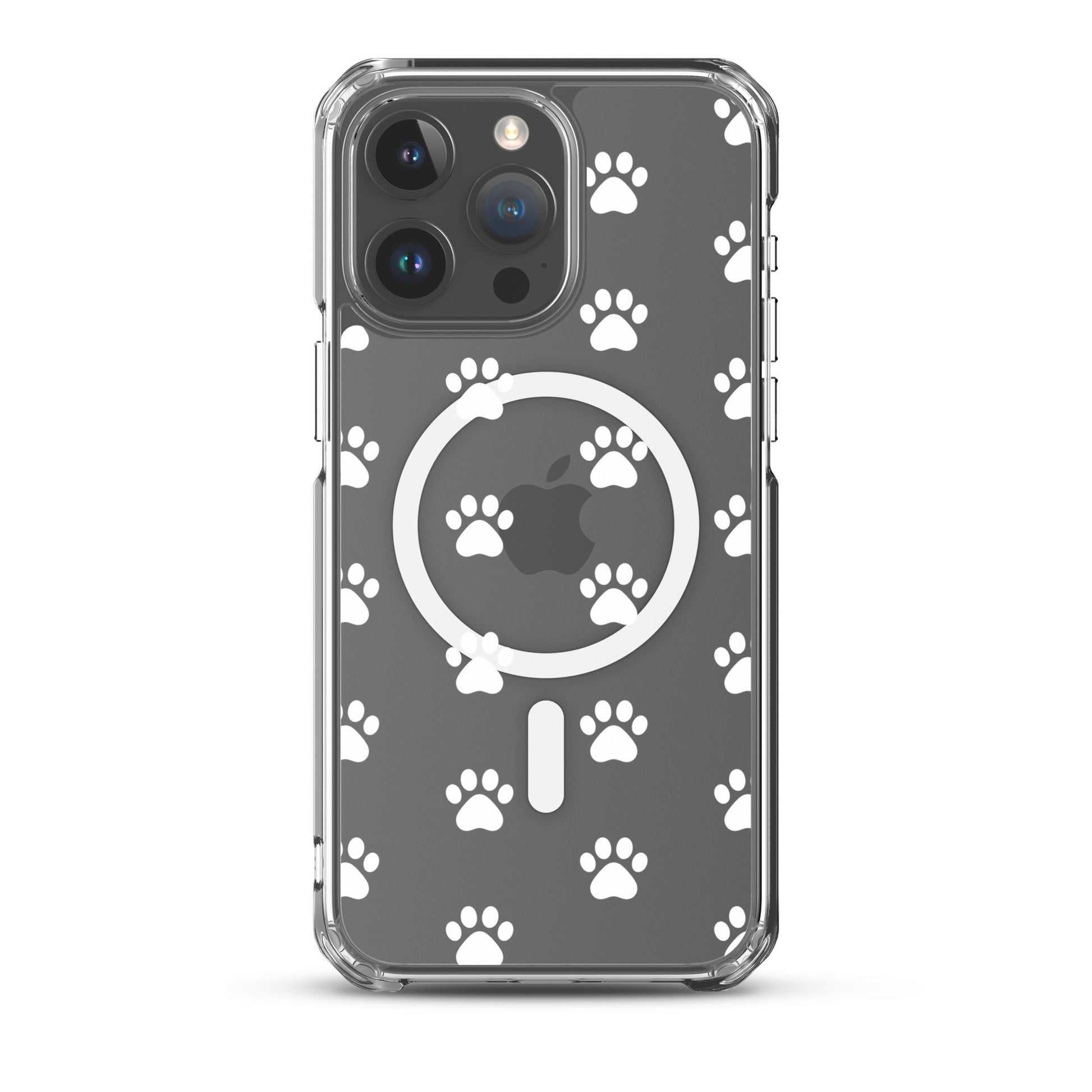 Magnetic Phone Case for iPhone featuring a playful paw print pattern on a transparent background.