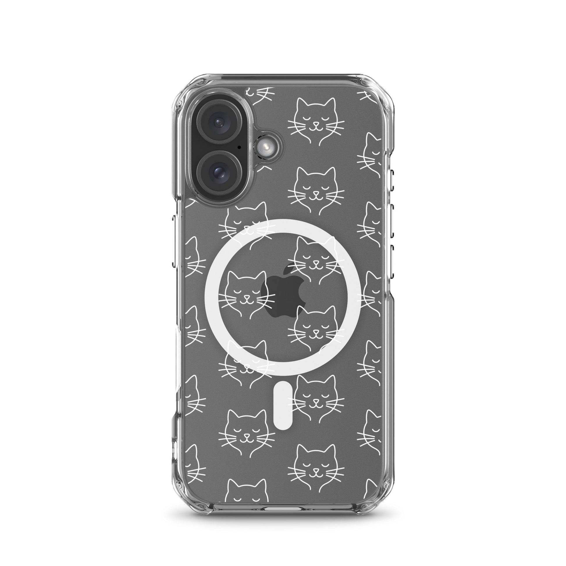 Magnetic Phone Case for iPhone with cute cat face pattern on a clear case, showcasing minimalist design and protection.