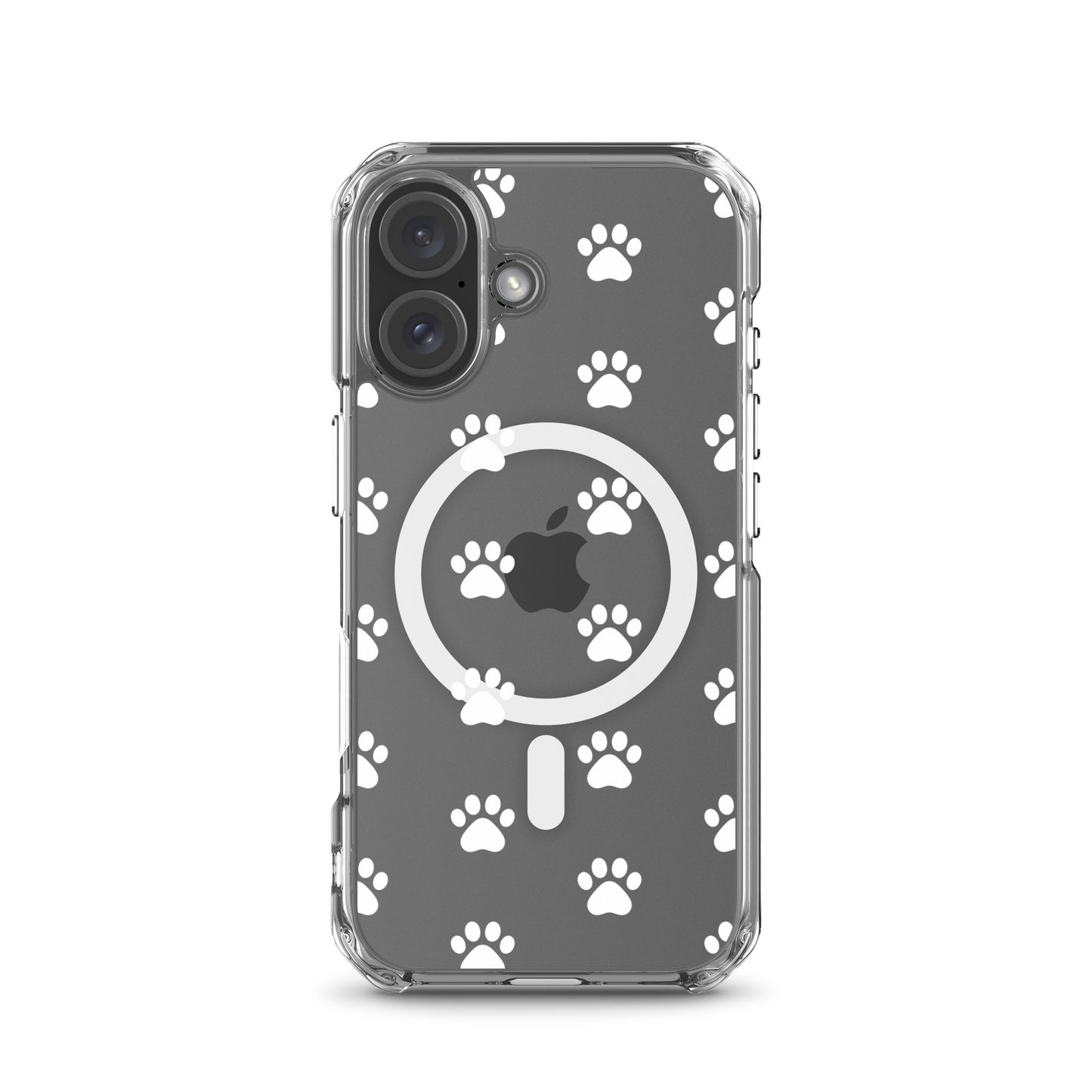 Magnetic Phone Case for iPhone with a playful paw print pattern and transparent finish, perfect for pet lovers.