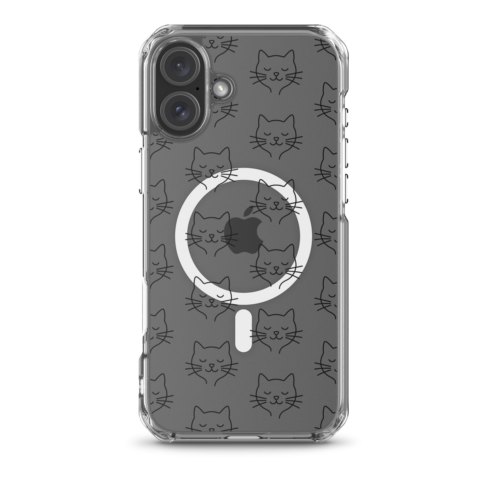 Magnetic Phone Case featuring cute cat face pattern on a clear protective design for iPhone.