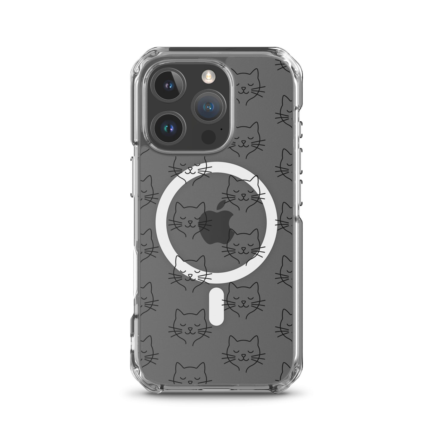 Magnetic Phone Case for iPhone with cute cat face pattern, clear design showcasing sleek modern aesthetic.