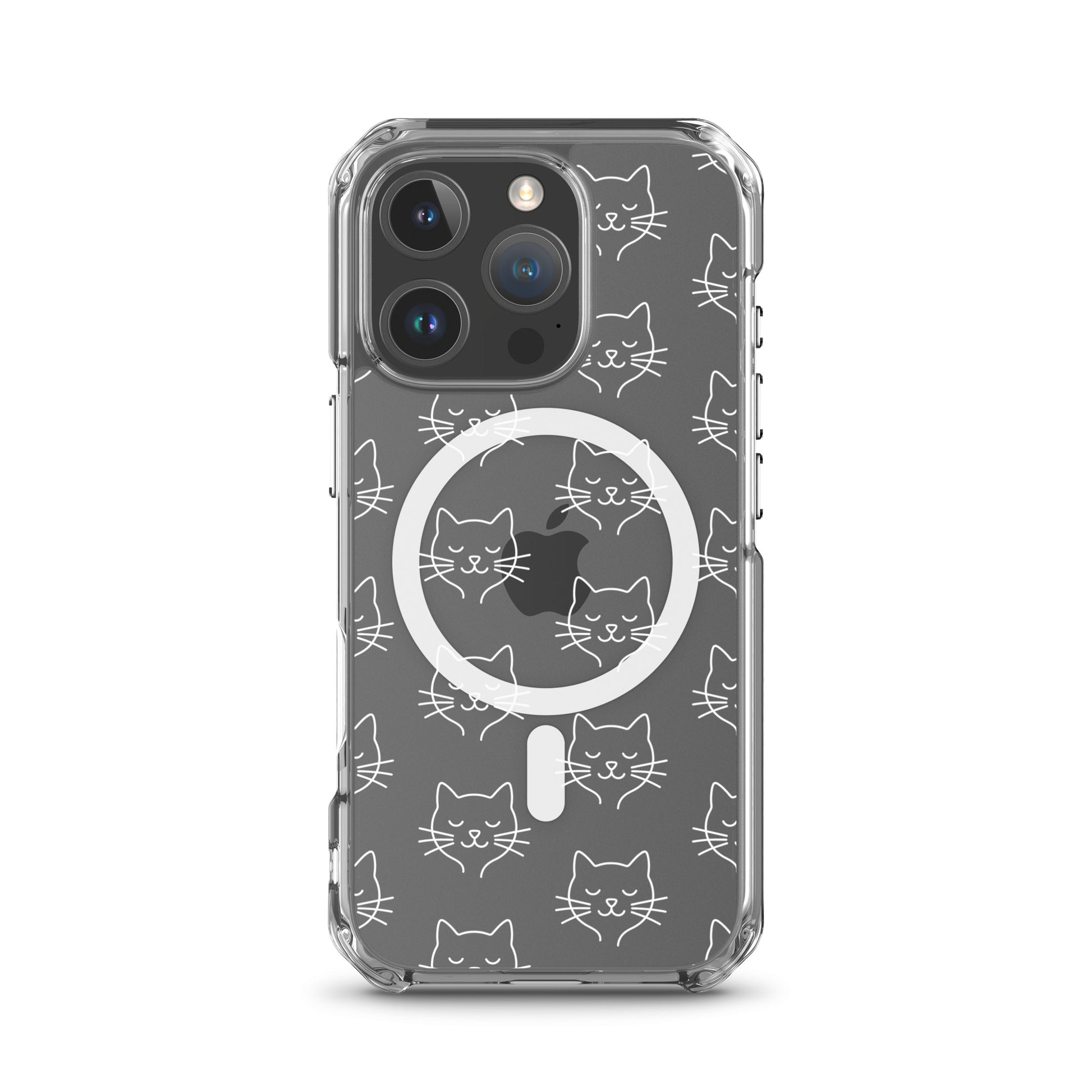 Magnetic Phone Case for iPhone featuring cute cat face pattern in clear design.