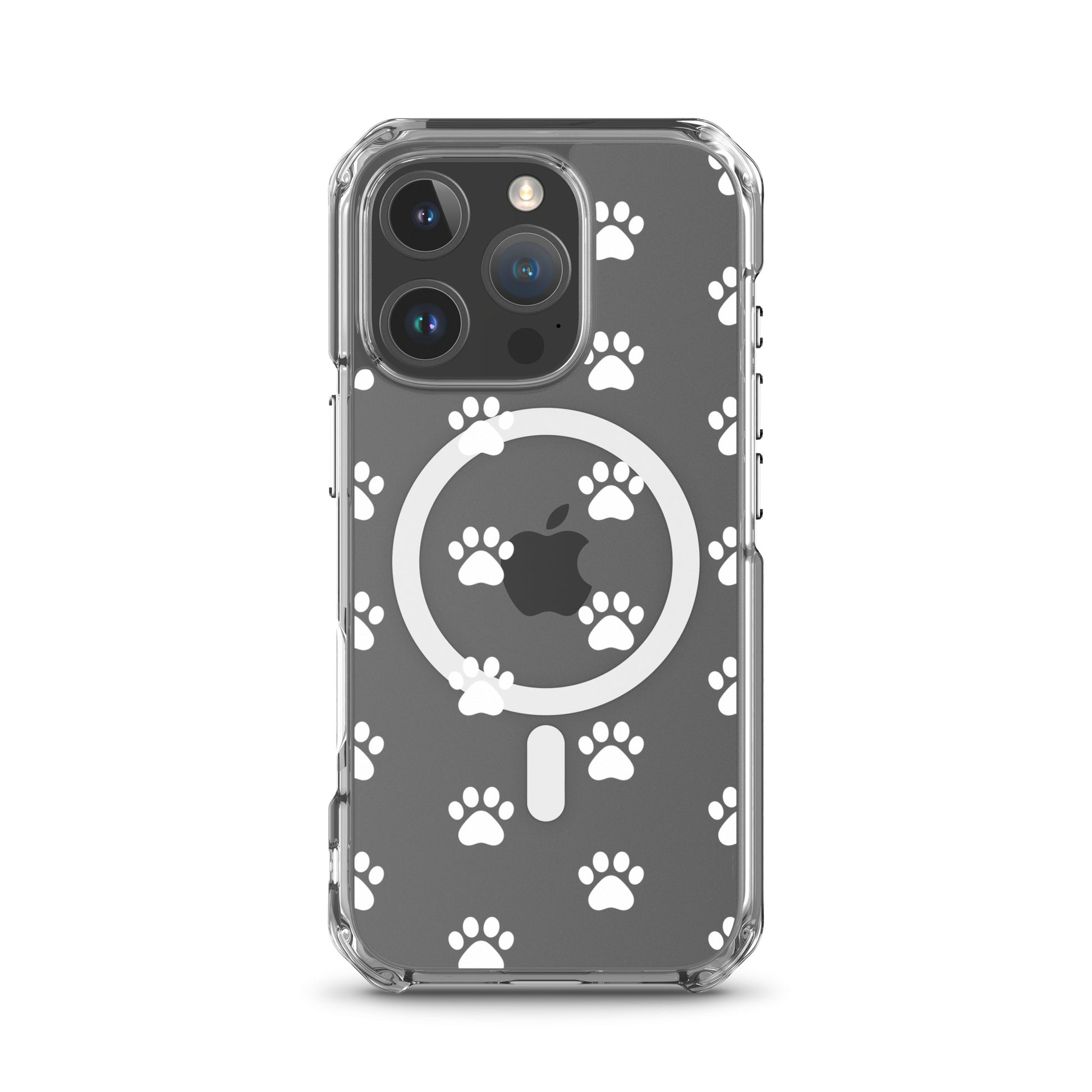 Magnetic Phone Case for iPhone featuring a playful paw print pattern on a transparent finish.