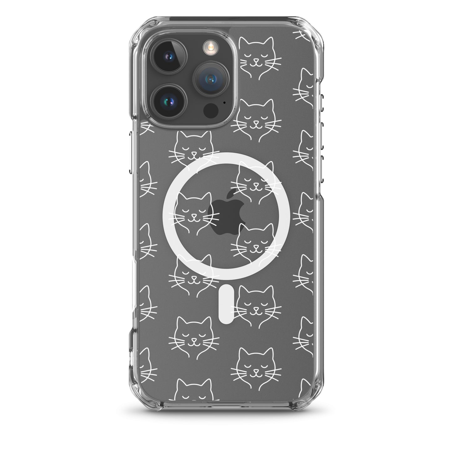 Magnetic Phone Case featuring cute cat face pattern in clear design for iPhone.