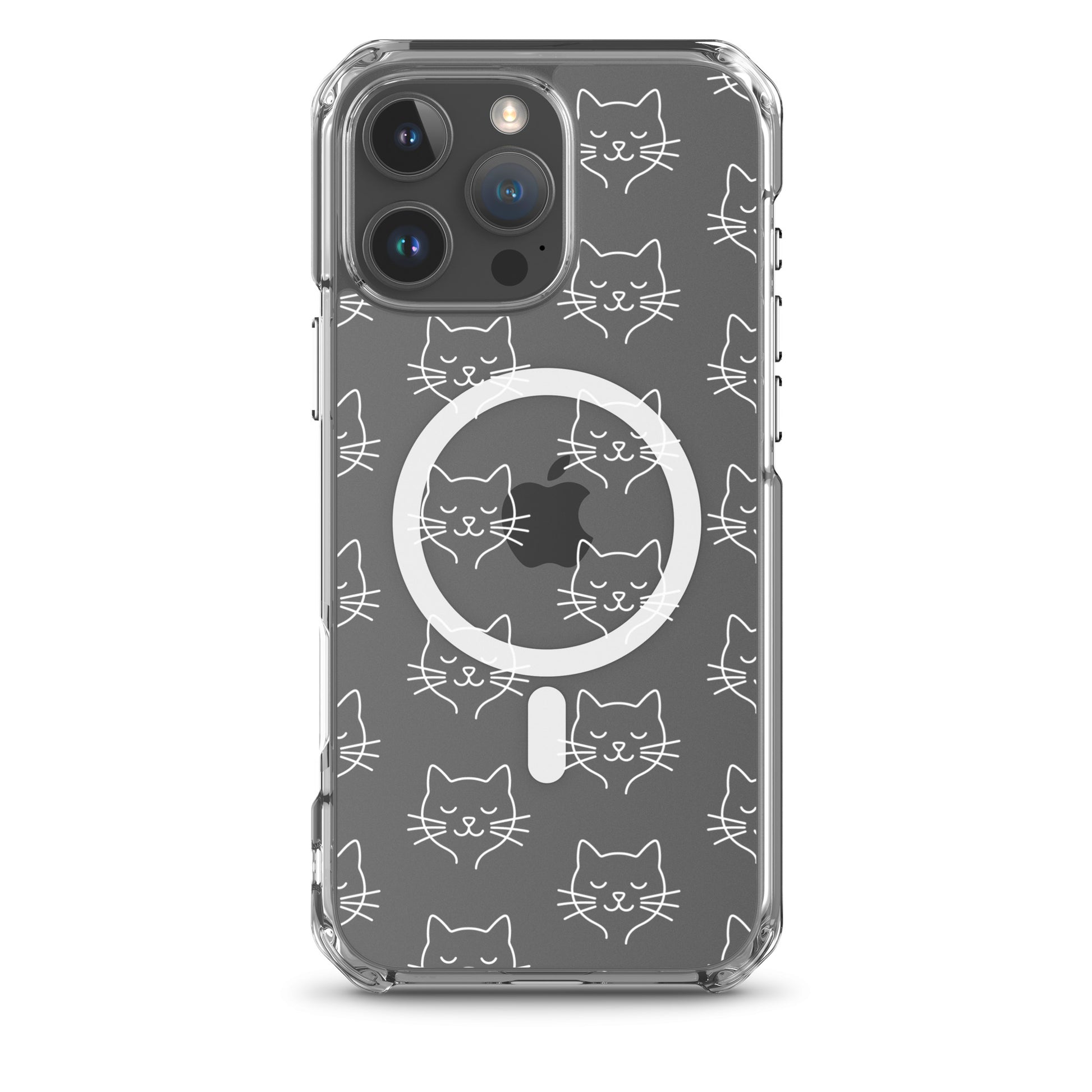 Magnetic Phone Case featuring cute cat face pattern in clear design for iPhone.
