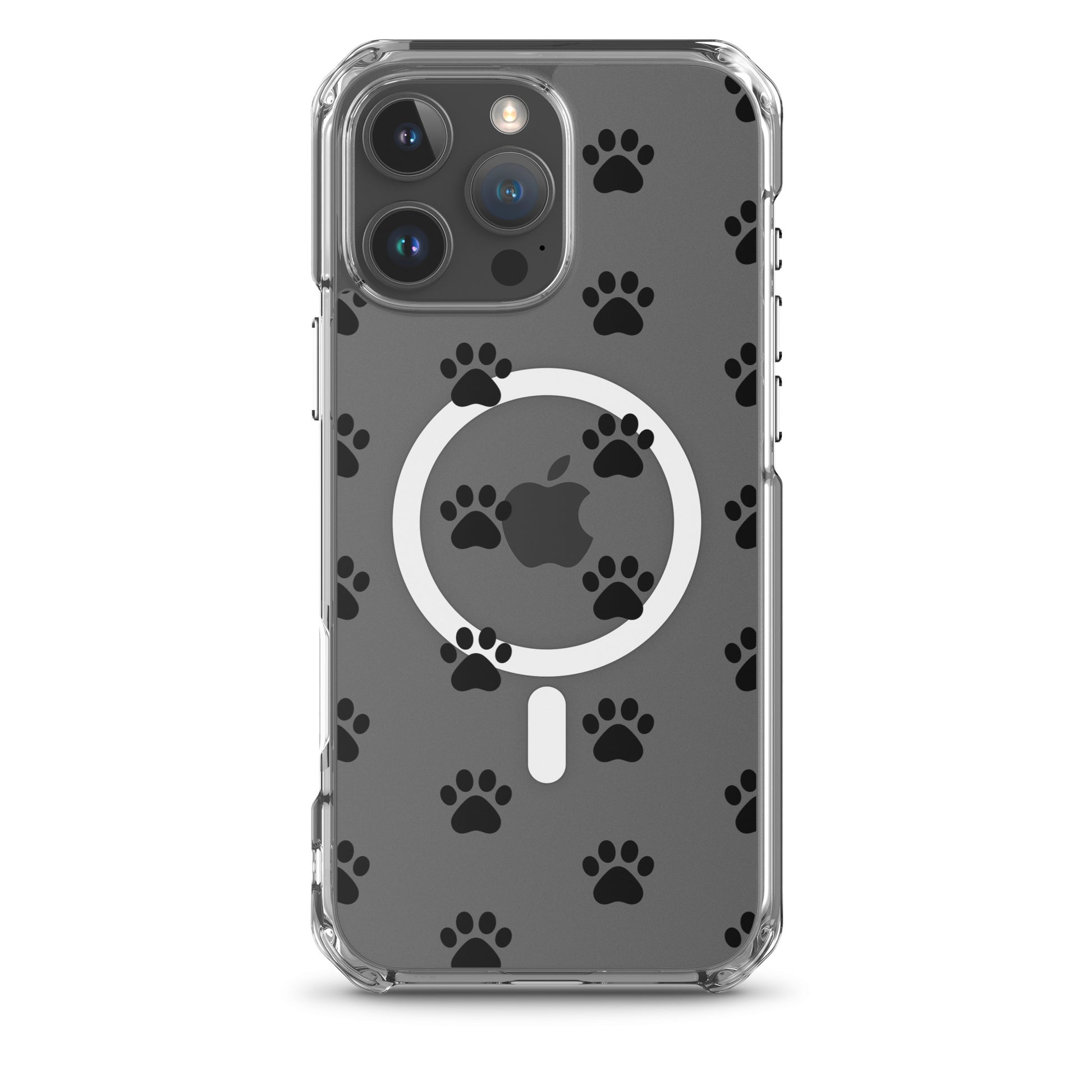 Magnetic Phone Case for iPhone with playful paw print pattern on a clear background.