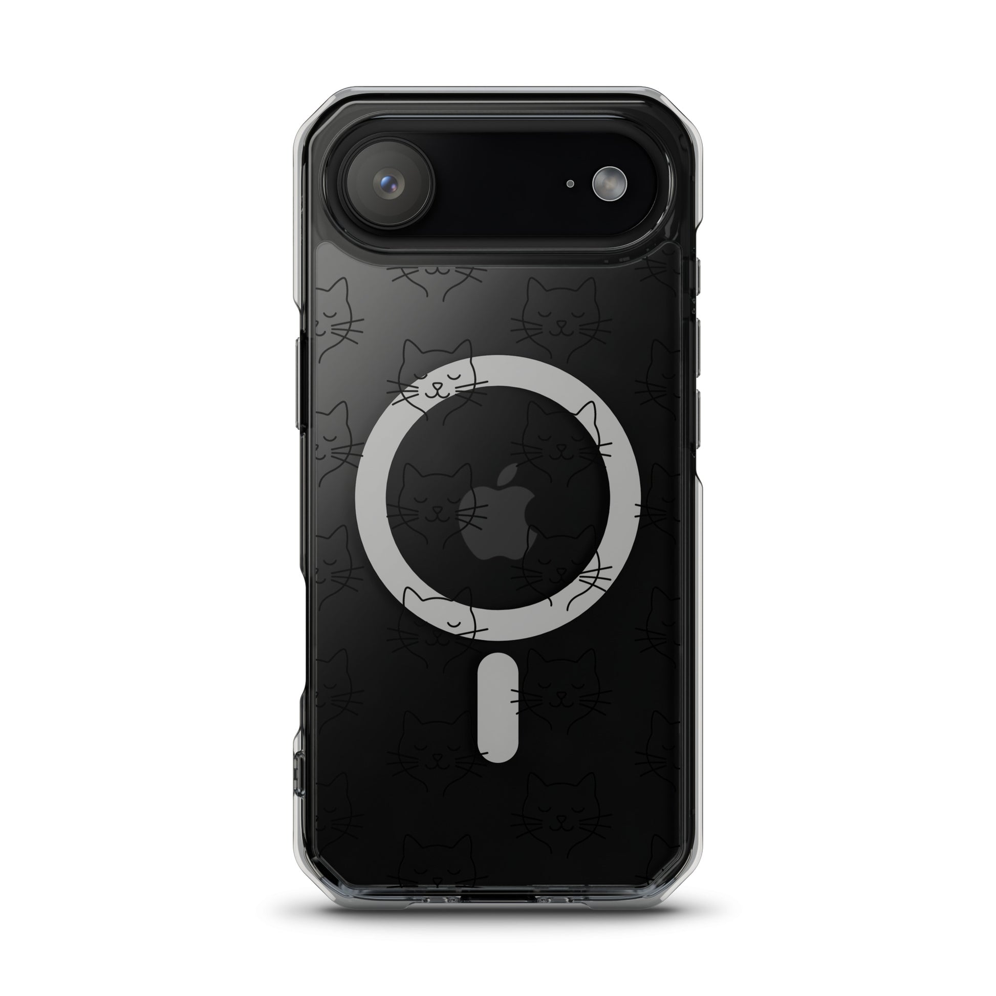 Magnetic Phone Case for iPhone featuring a cute cat face pattern on a clear background.