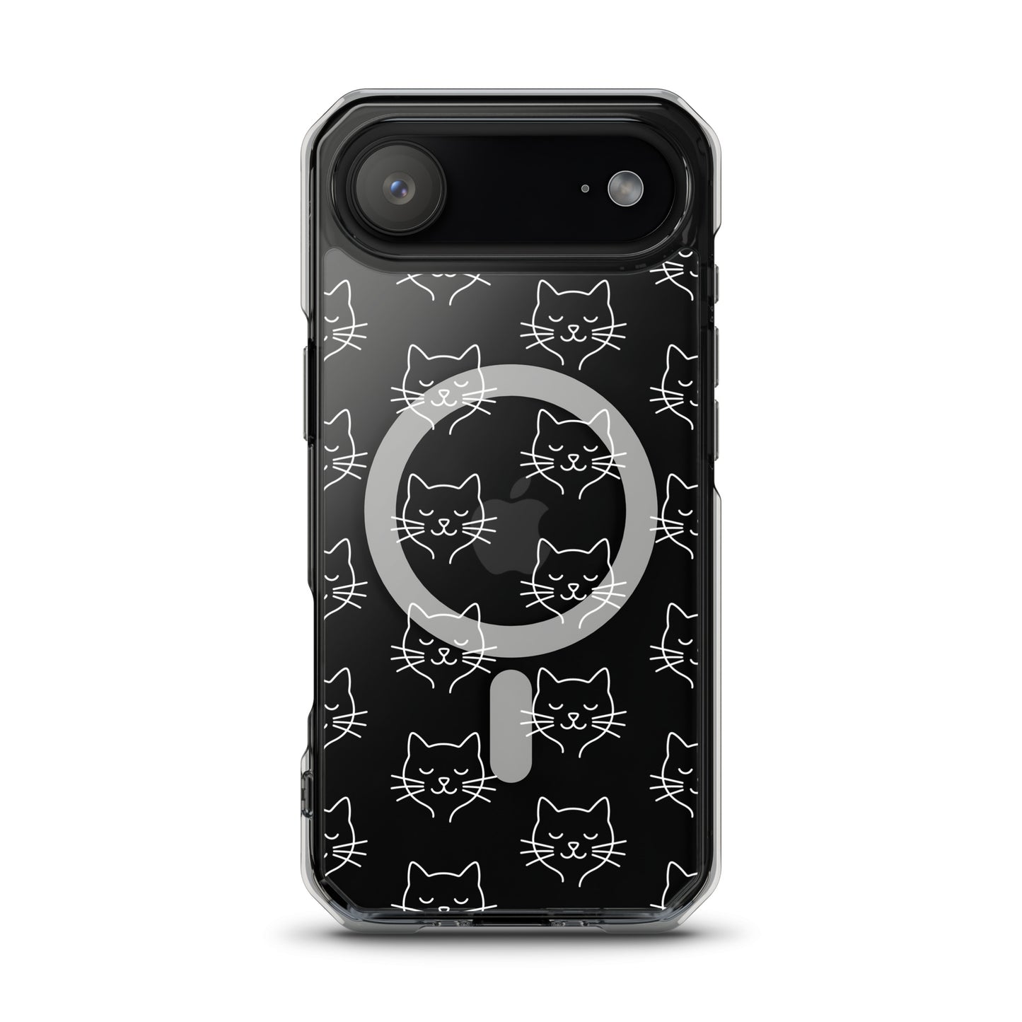 Magnetic Phone Case for iPhone featuring a cute cat face pattern on a clear case design.