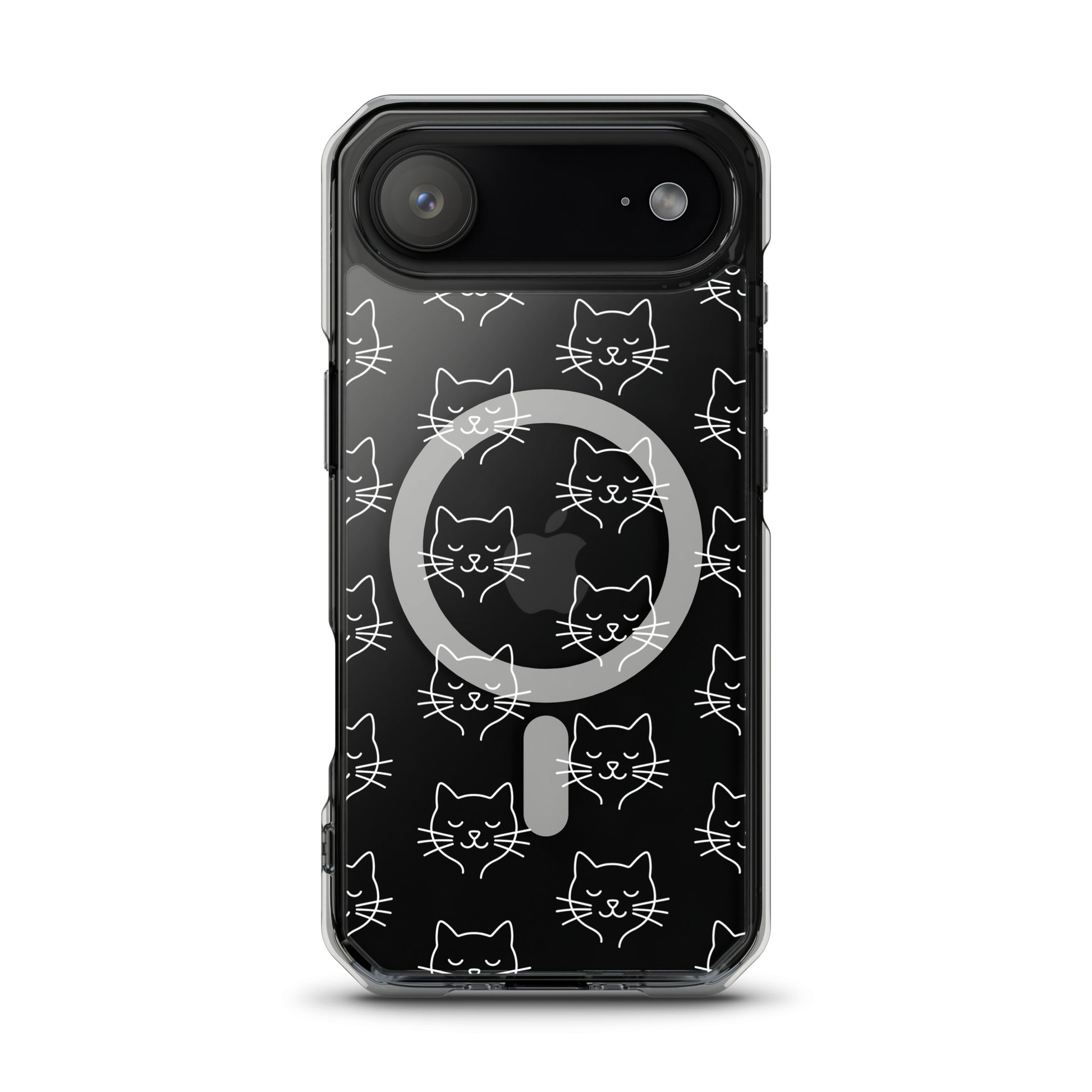 Magnetic Phone Case for iPhone featuring a cute cat face pattern on a clear case design.