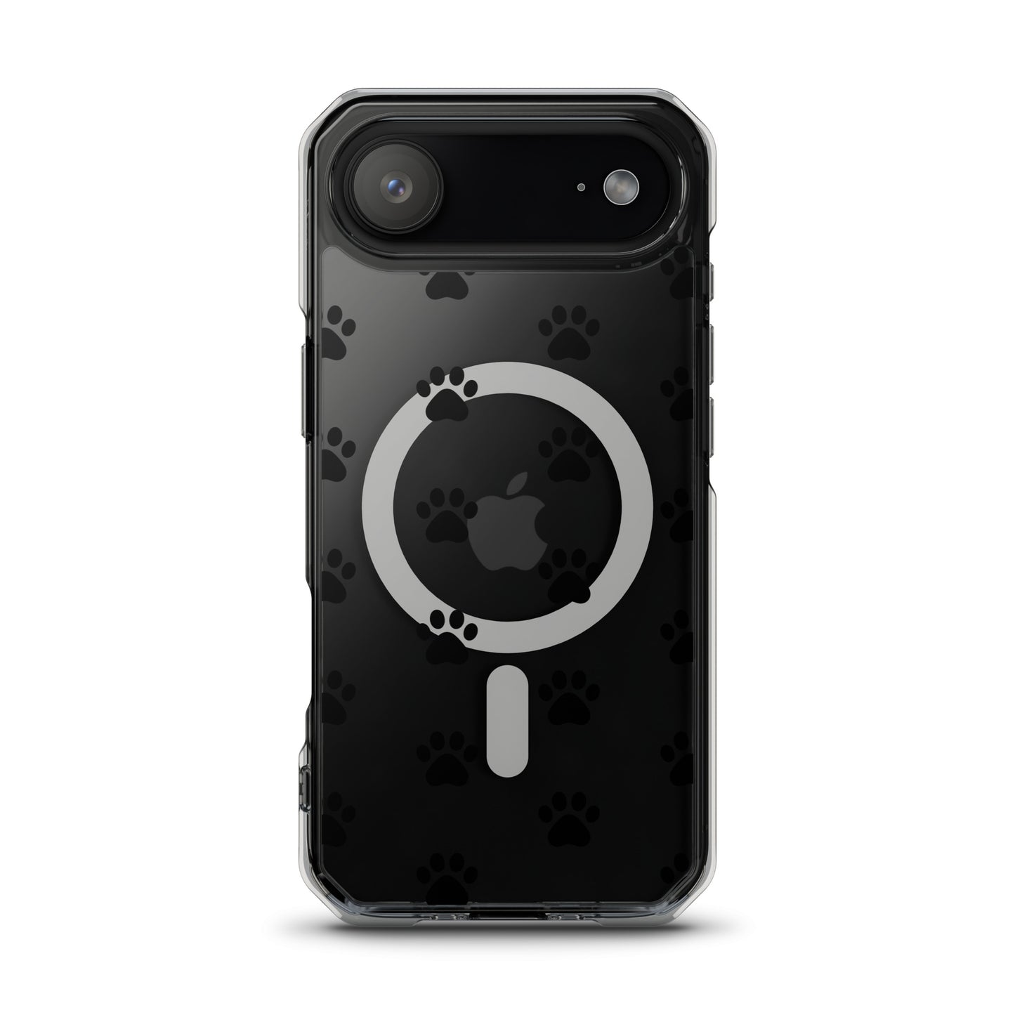 Magnetic Phone Case for iPhone with paw print pattern in transparent design, showcasing minimalist style and practicality.