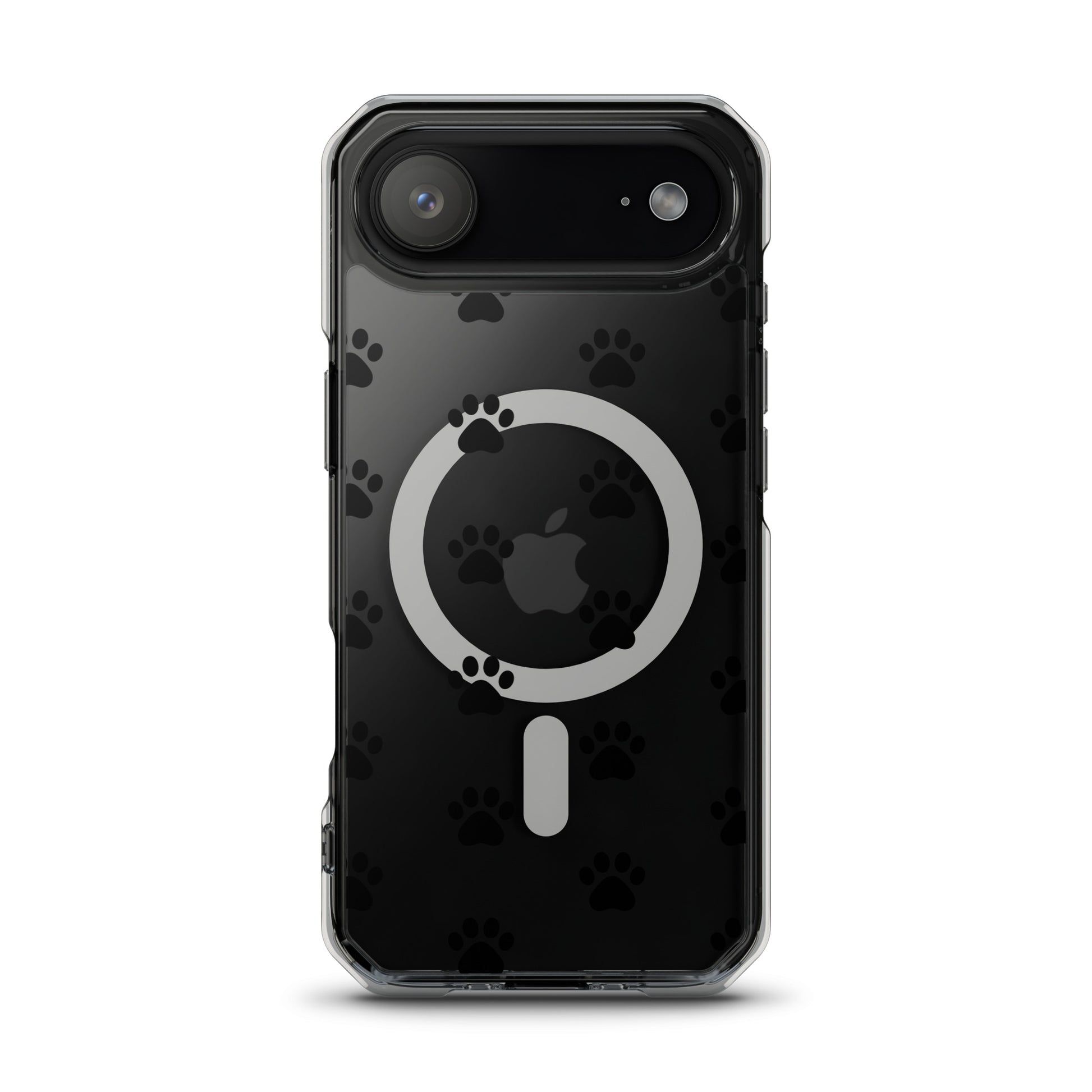 Magnetic Phone Case for iPhone with paw print pattern in transparent design, showcasing minimalist style and practicality.