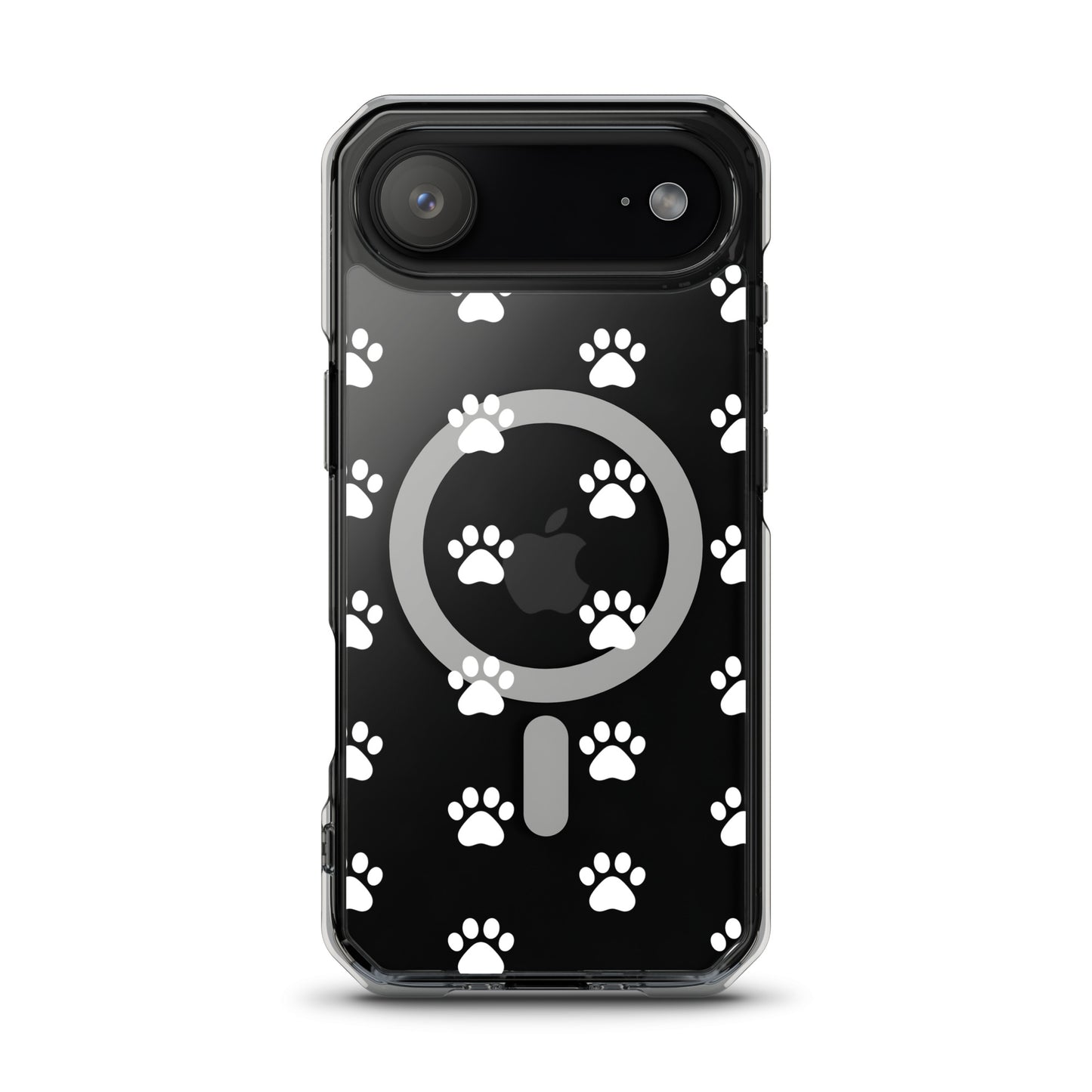 Magnetic Phone Case featuring a playful white paw print pattern on a transparent background for iPhone.