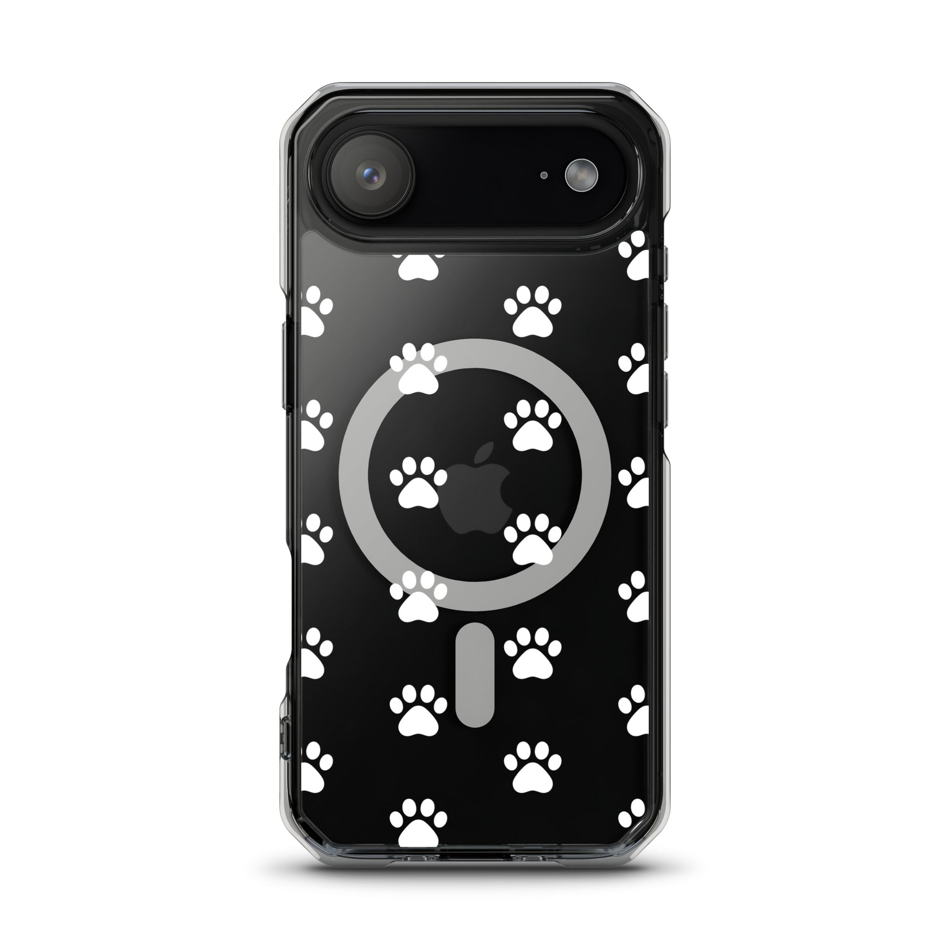 Magnetic Phone Case featuring a playful white paw print pattern on a transparent background for iPhone.