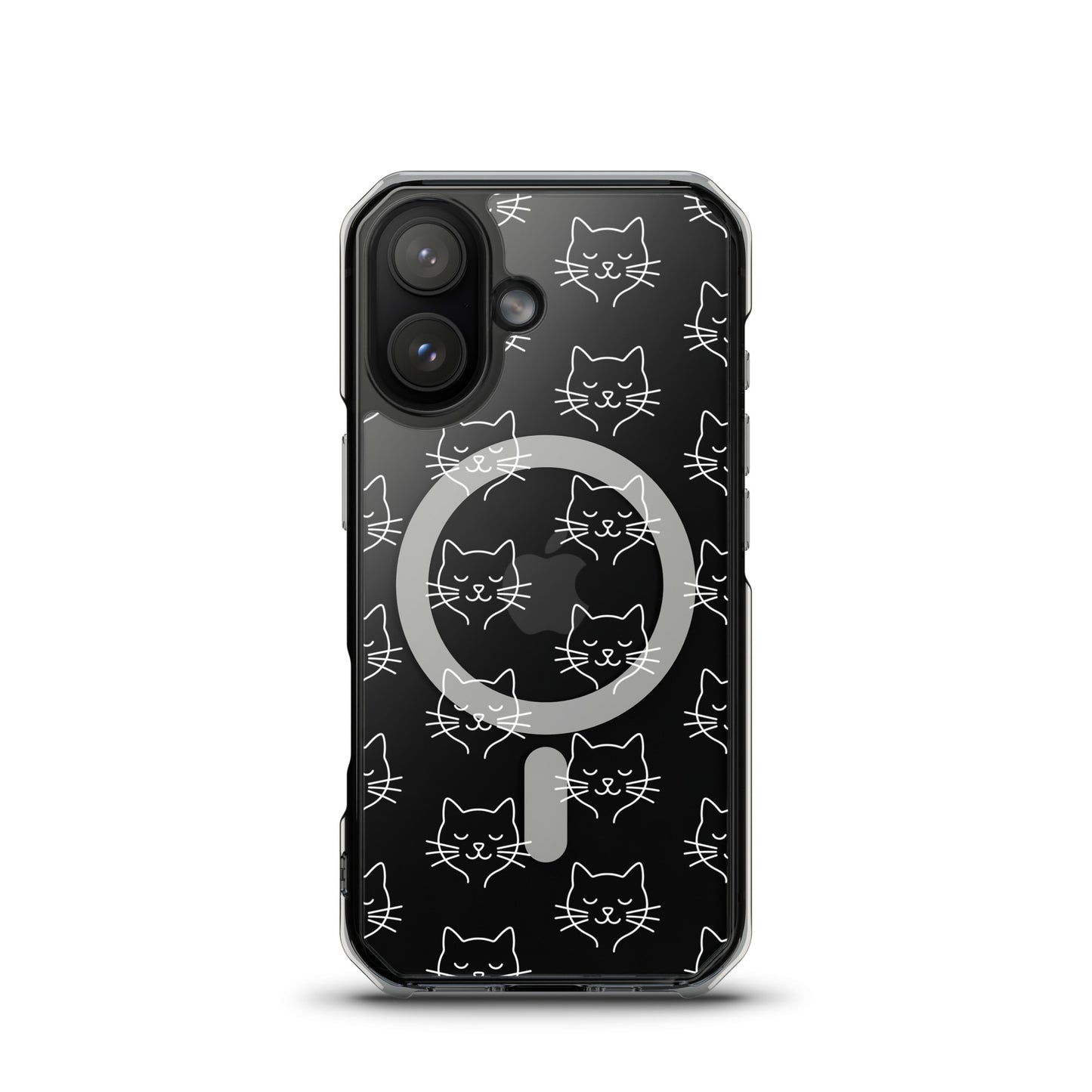 Magnetic Phone Case for iPhone featuring cute cat face pattern in a clear design with minimalist charm.