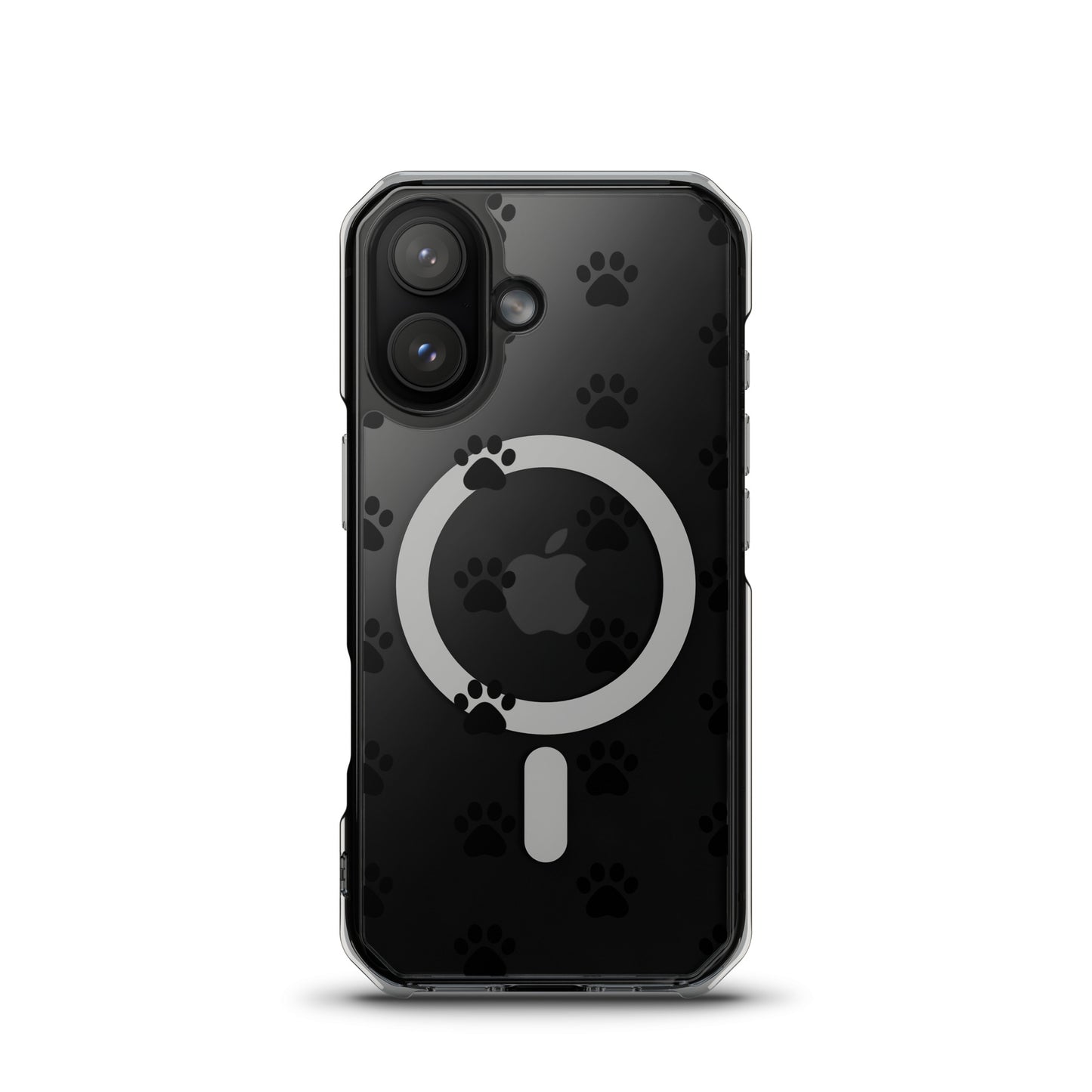 Magnetic Phone Case for iPhone featuring a transparent design with paw print pattern.