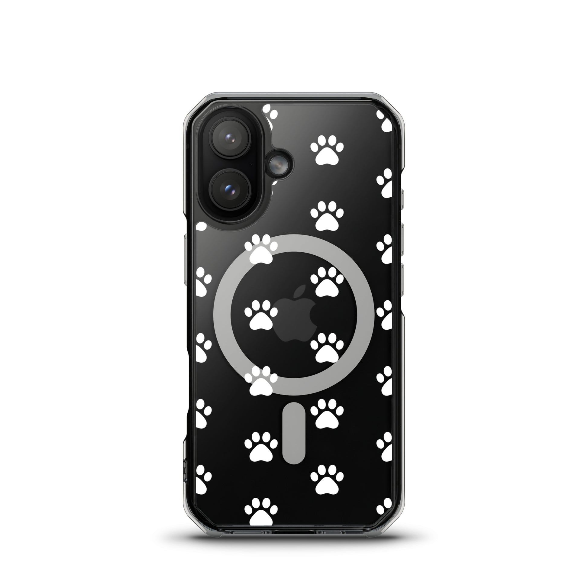 Magnetic Phone Case for iPhone with playful paw print pattern on a transparent finish.