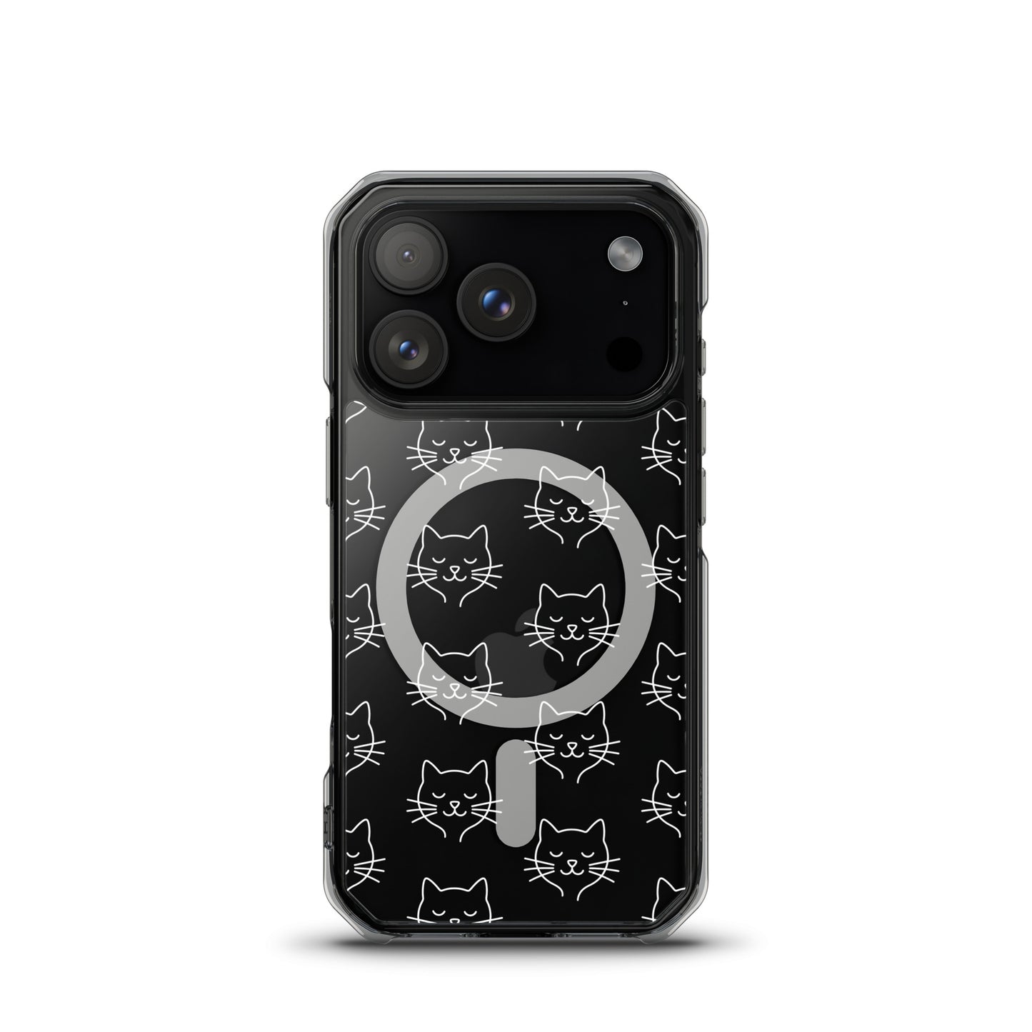 Magnetic Phone Case for iPhone featuring a cute cat face pattern on a clear case.