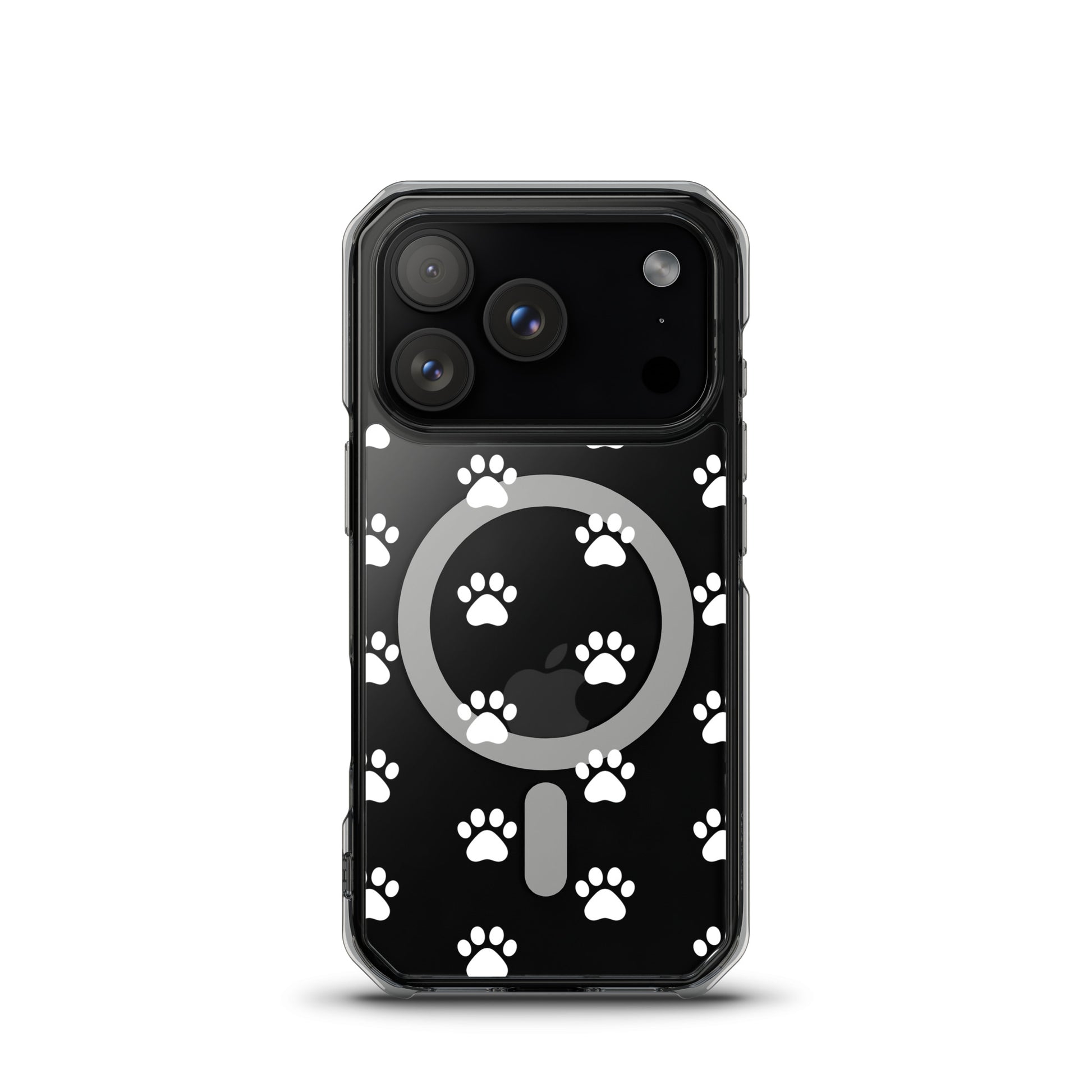 Magnetic Phone Case for iPhone featuring a playful paw print pattern on a transparent background.