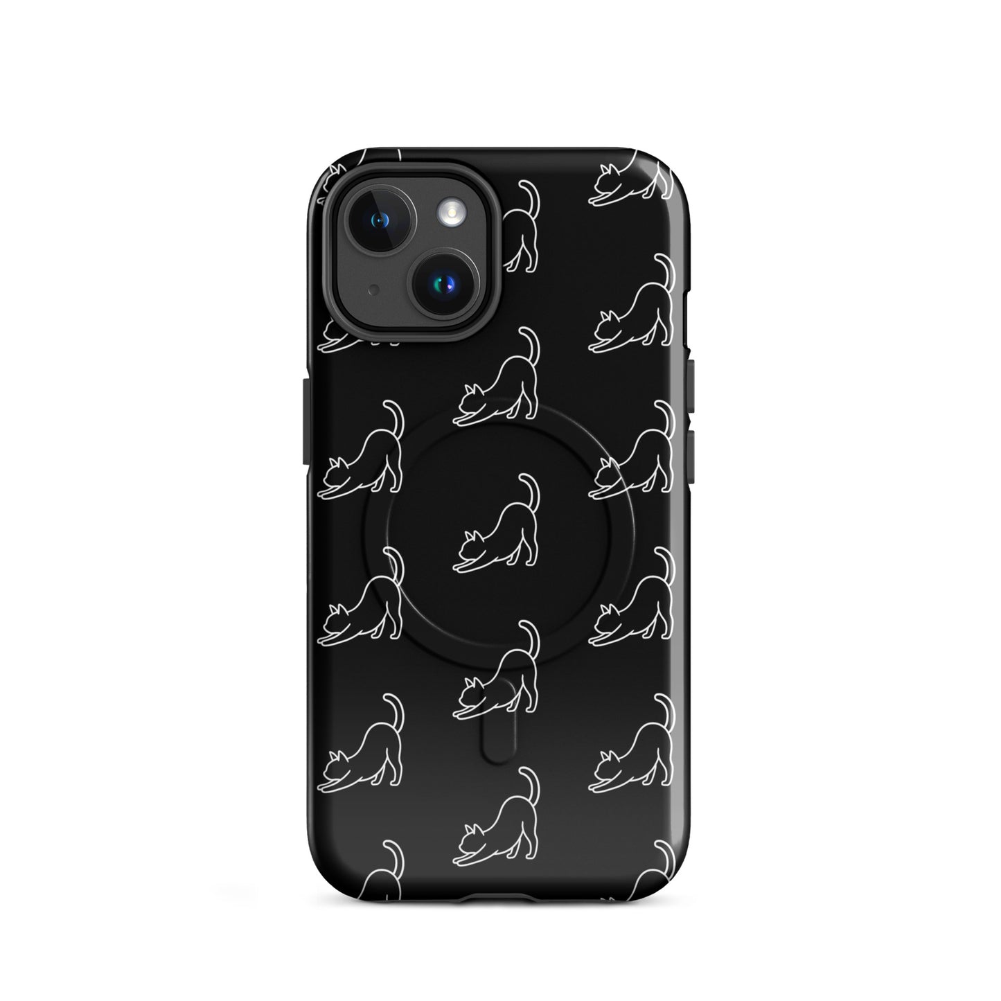 Magnetic Phone Case featuring a minimalist stretching cat pattern on a black background for stylish protection.