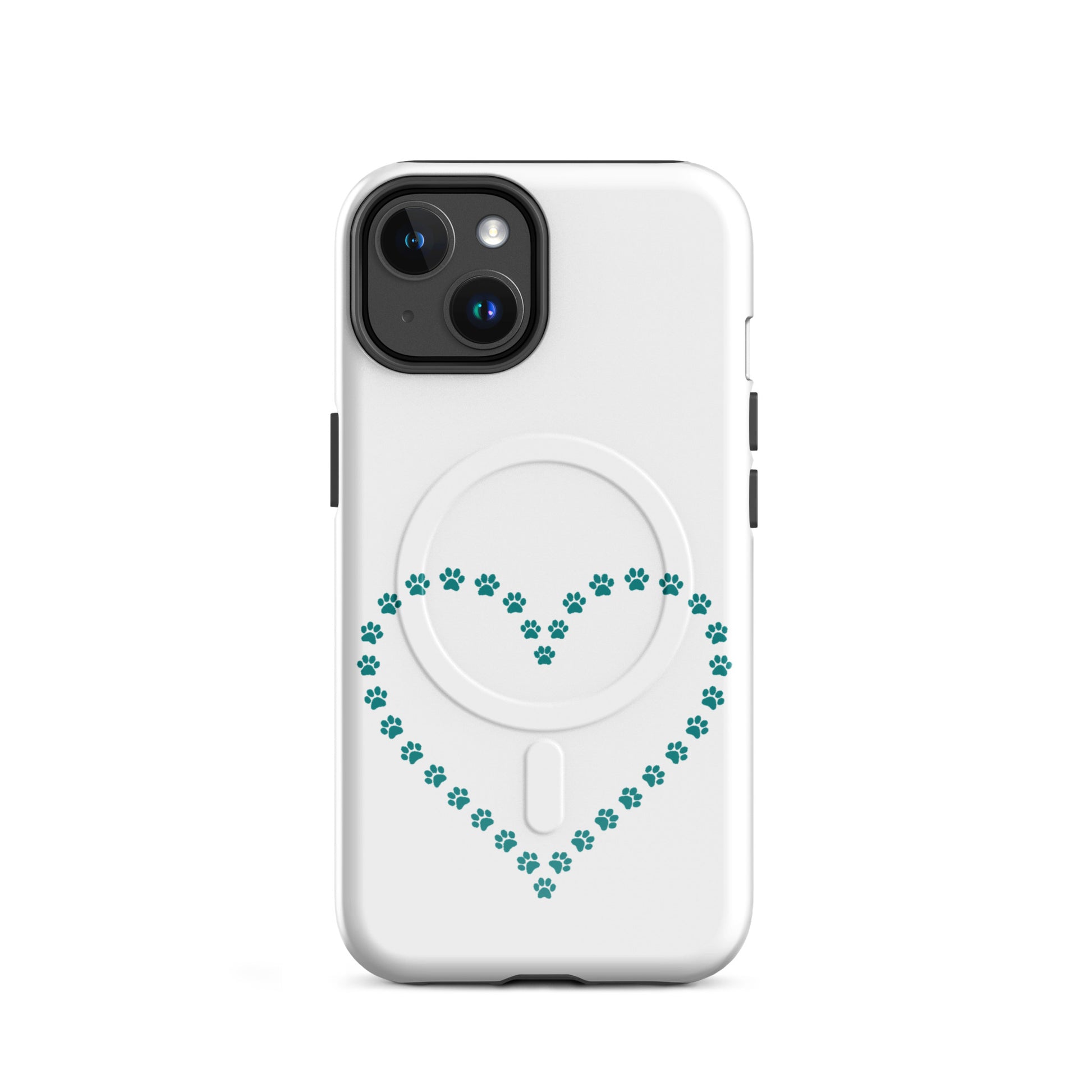 Magnetic Phone Case for iPhone with paw print heart design, perfect for pet lovers.