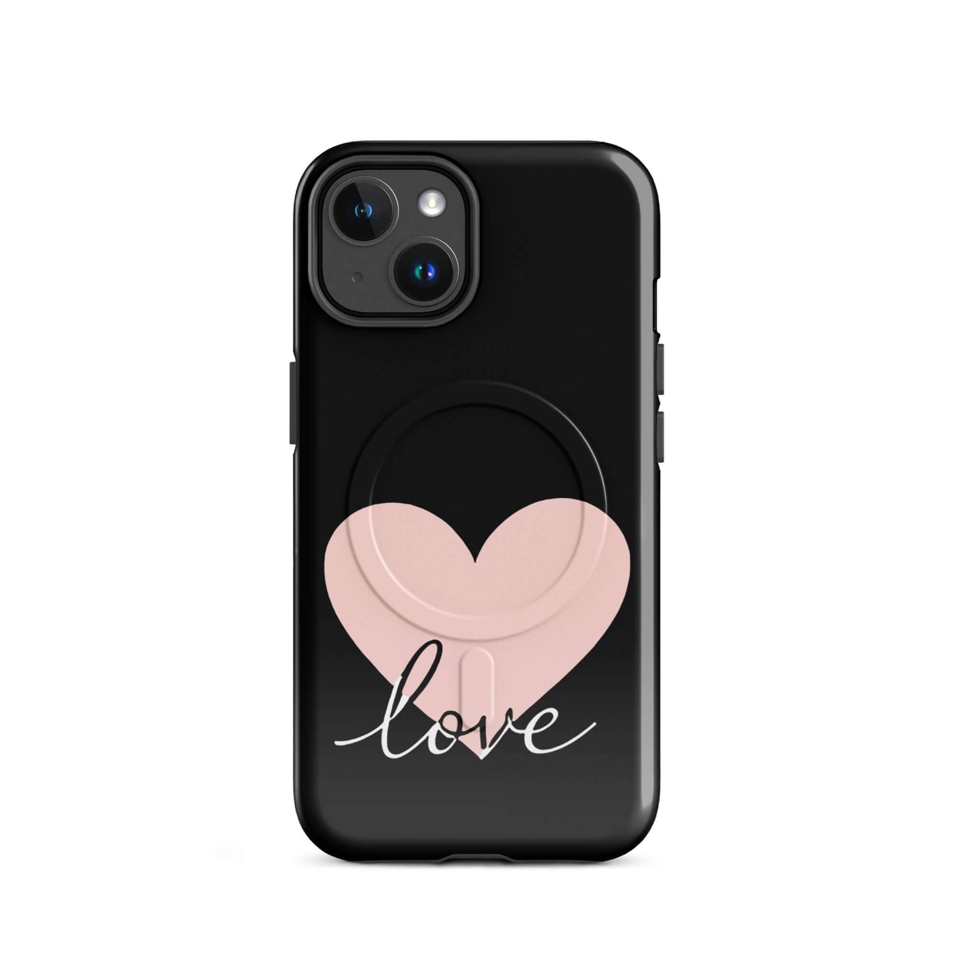 Magnetic Phone Case for iPhone featuring a heart and script 'love' design, perfect for stylish protection.