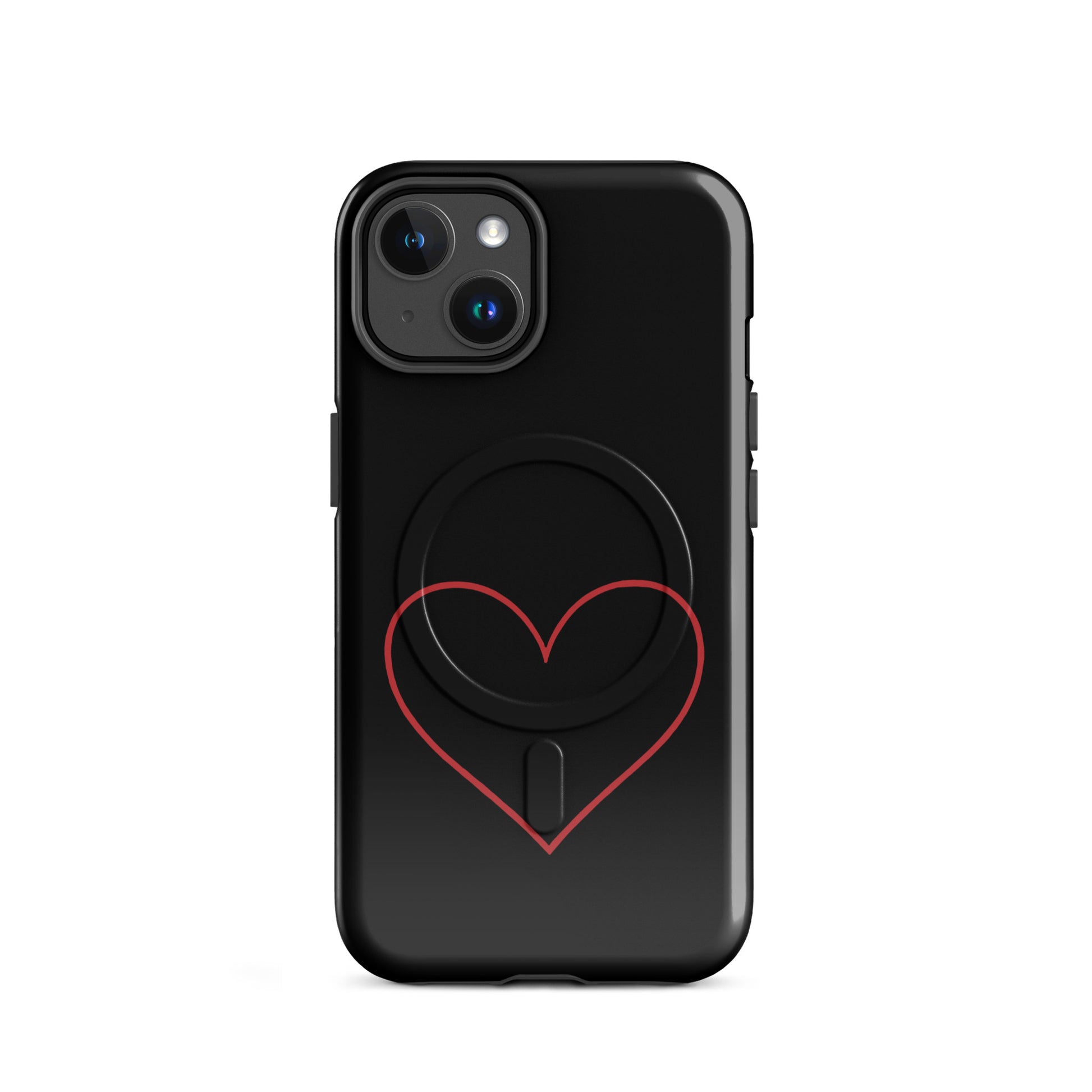 Magnetic Phone Case for iPhone featuring a minimalist crimson heart design on a sleek black background.