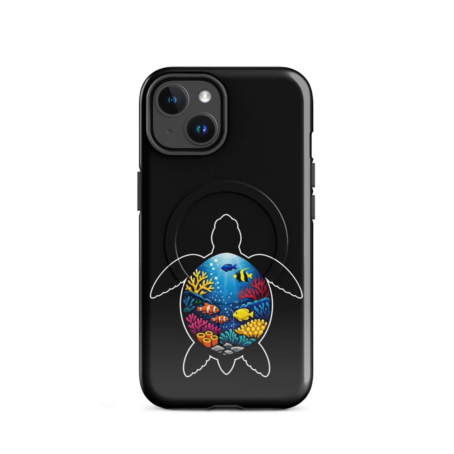 Magnetic Phone Case for iPhone with vibrant sea turtle reef design featuring colorful coral and fish.