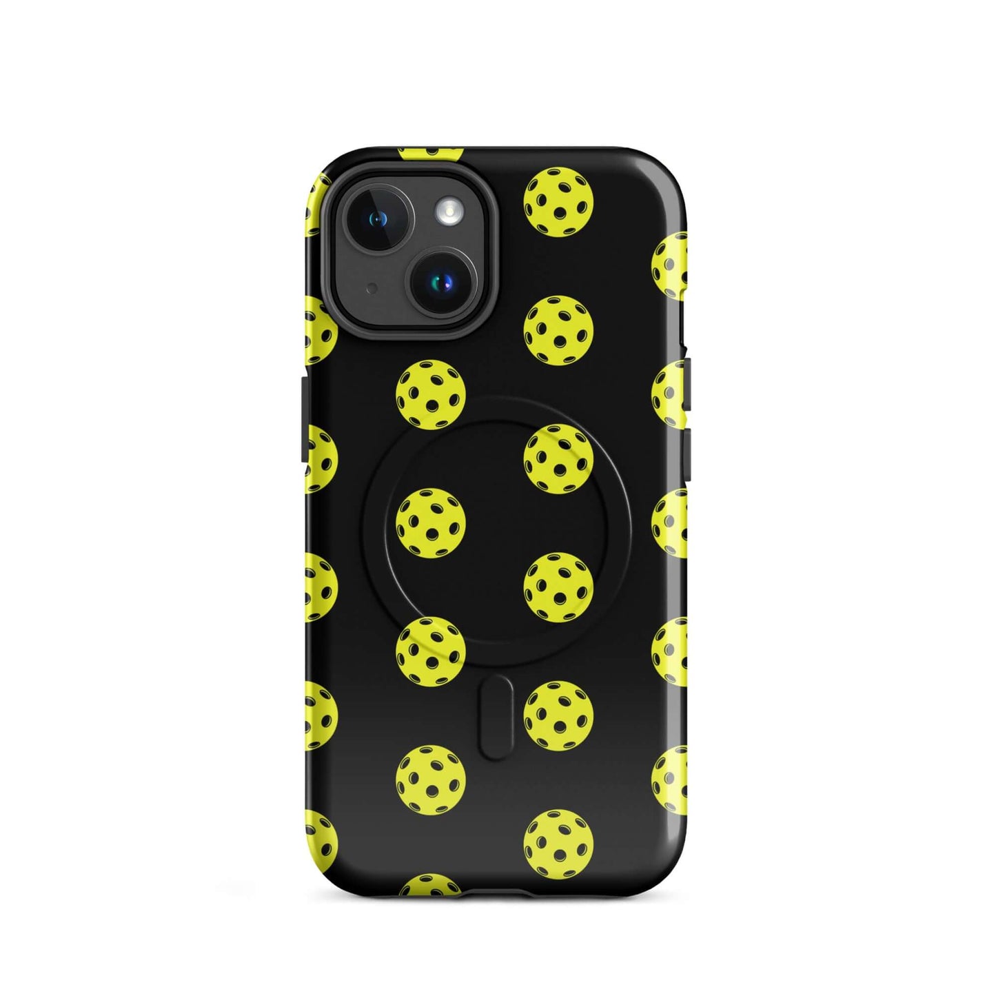 Magnetic Phone Case with a playful pickleball pattern in yellow on a black background, perfect for sporty style.