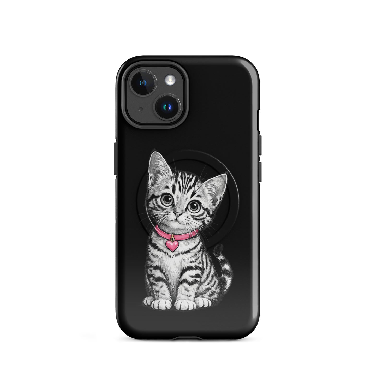 Magnetic Phone Case featuring pencil-sketch kitten with pink collar and heart charm on black background for iPhone.