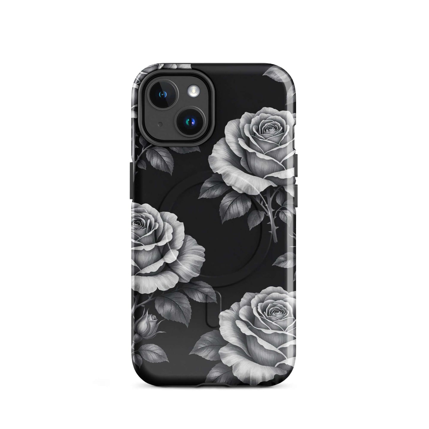 Magnetic Phone Case with rose garden design on black background for iPhone, featuring elegant hand-sketched floral patterns.