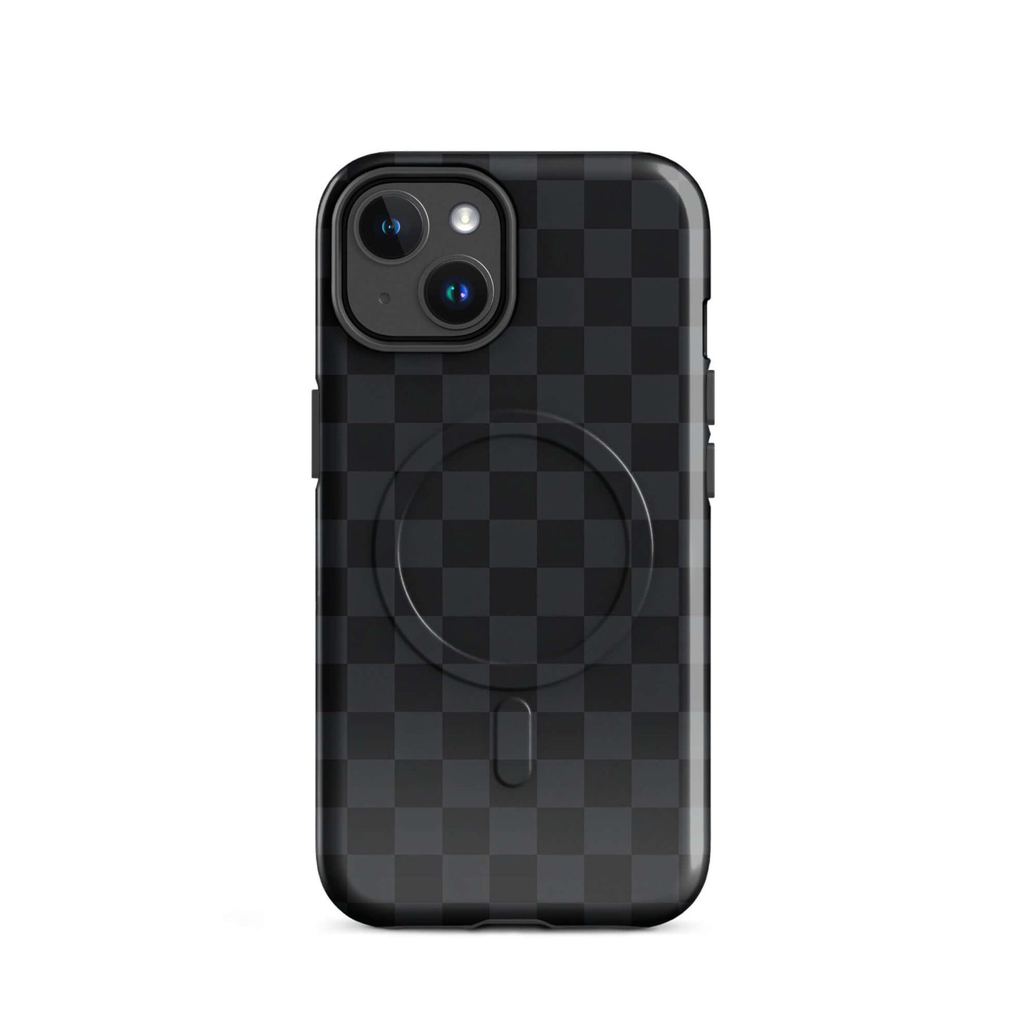 Magnetic Phone Case with black and charcoal checkered design for iPhone. Sleek, modern, and protective accessory.