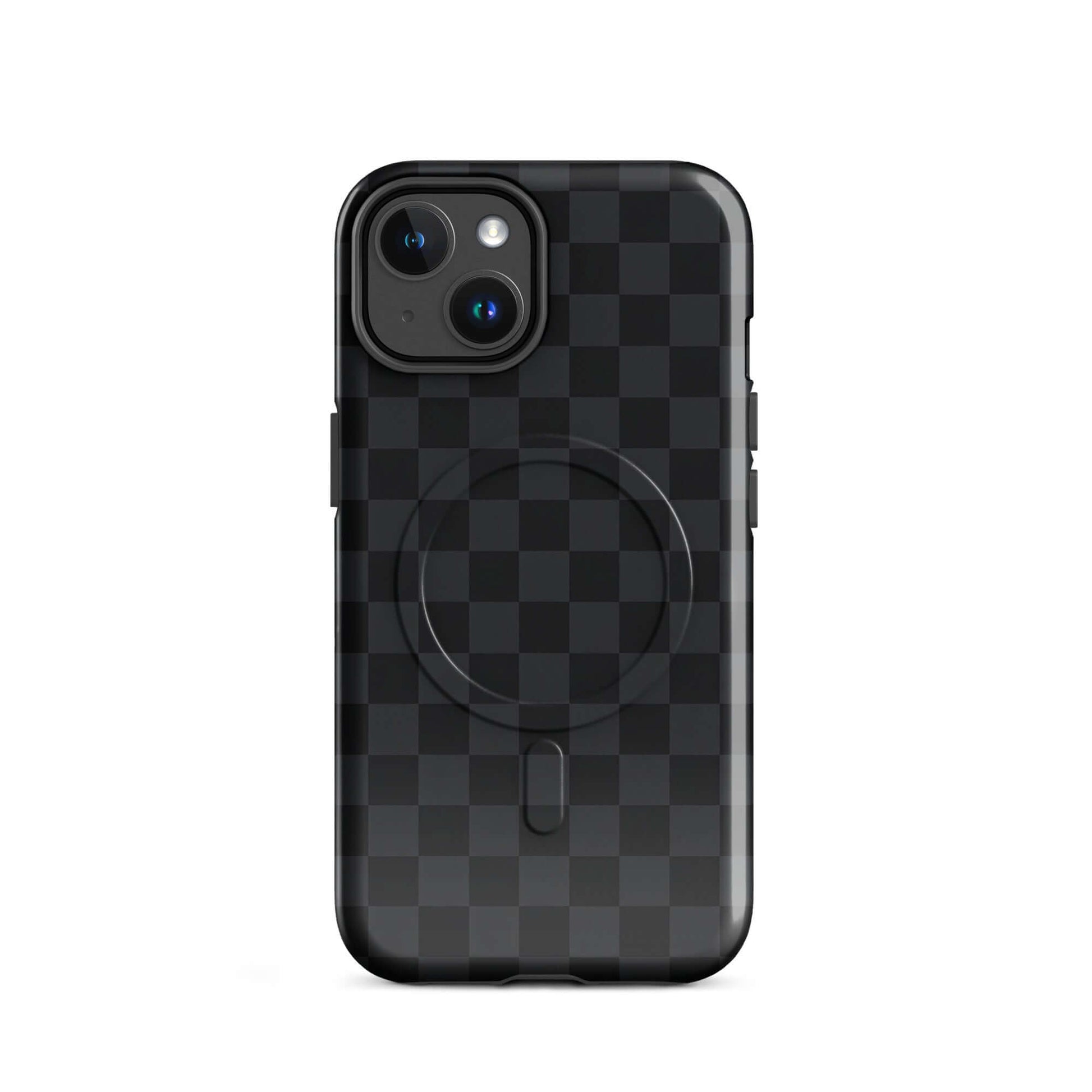 Magnetic Phone Case with black and charcoal checkered design for iPhone. Sleek, modern, and protective accessory.