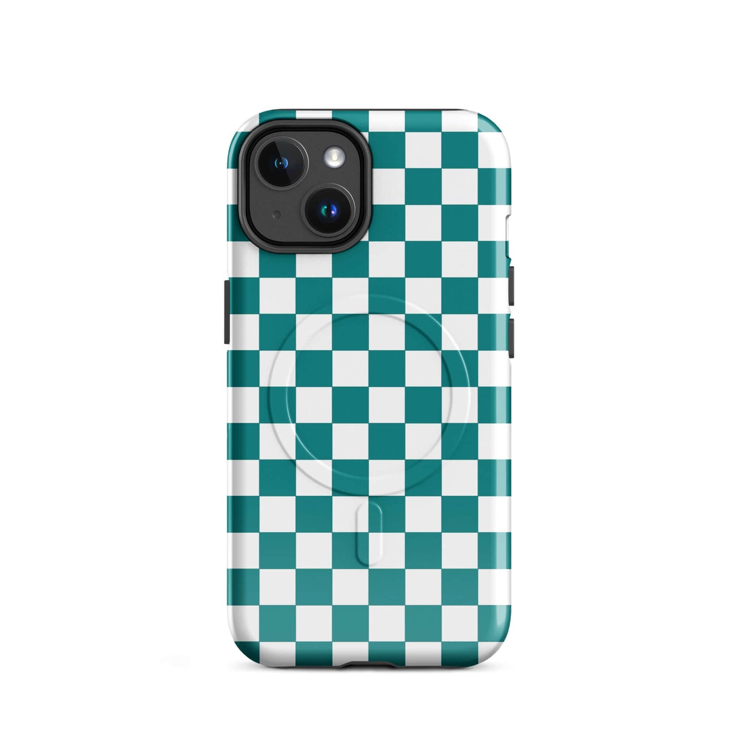 Magnetic Phone Case with teal and white checkered design adds style and personality to your phone, perfect for a fun and fearless look.