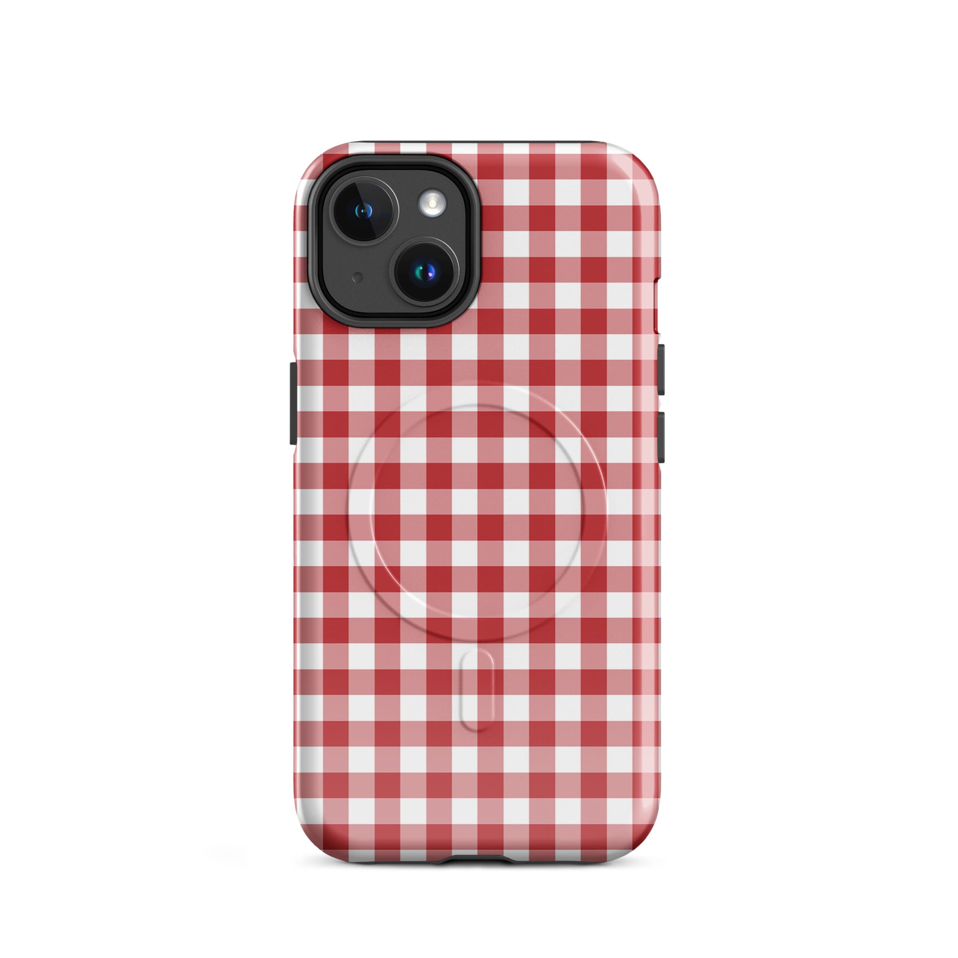 Magnetic Phone Case in red-and-white gingham pattern offering style and protection.
