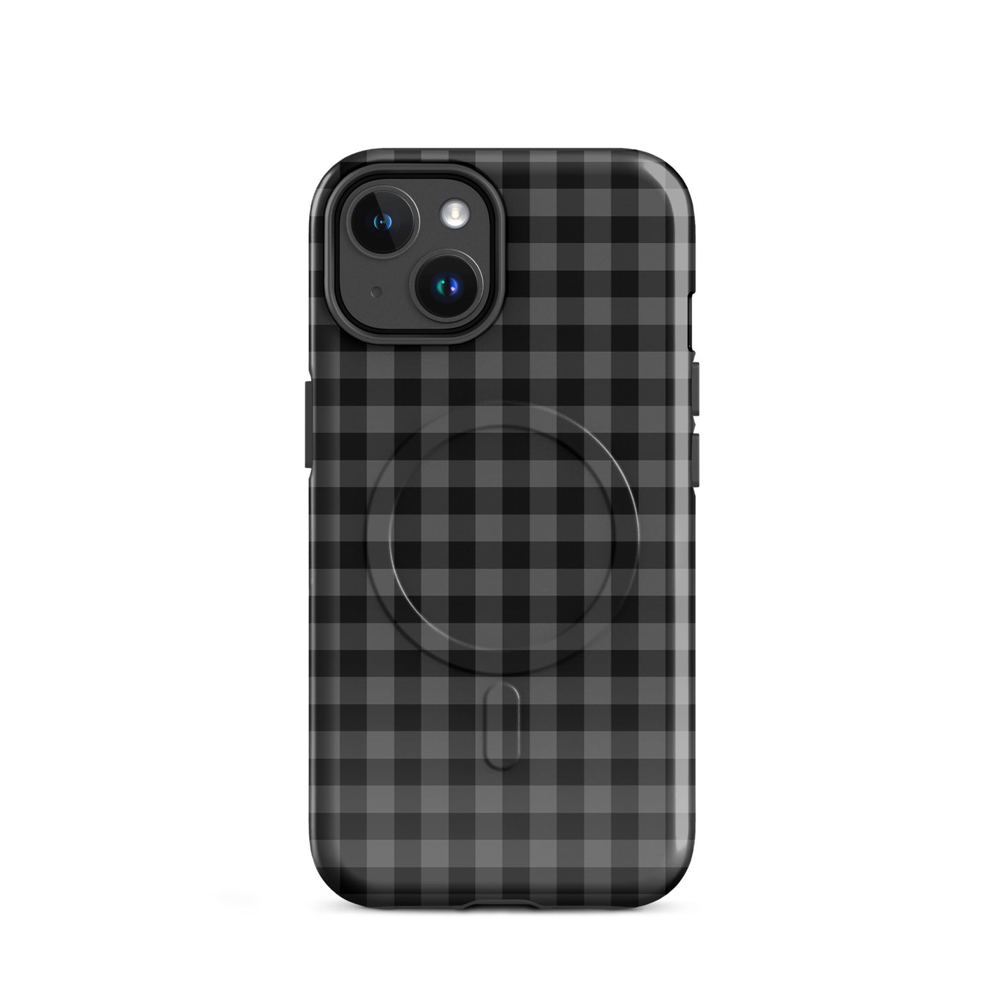 Magnetic Phone Case with black and charcoal gingham pattern for iPhone, offering modern style and durable protection.