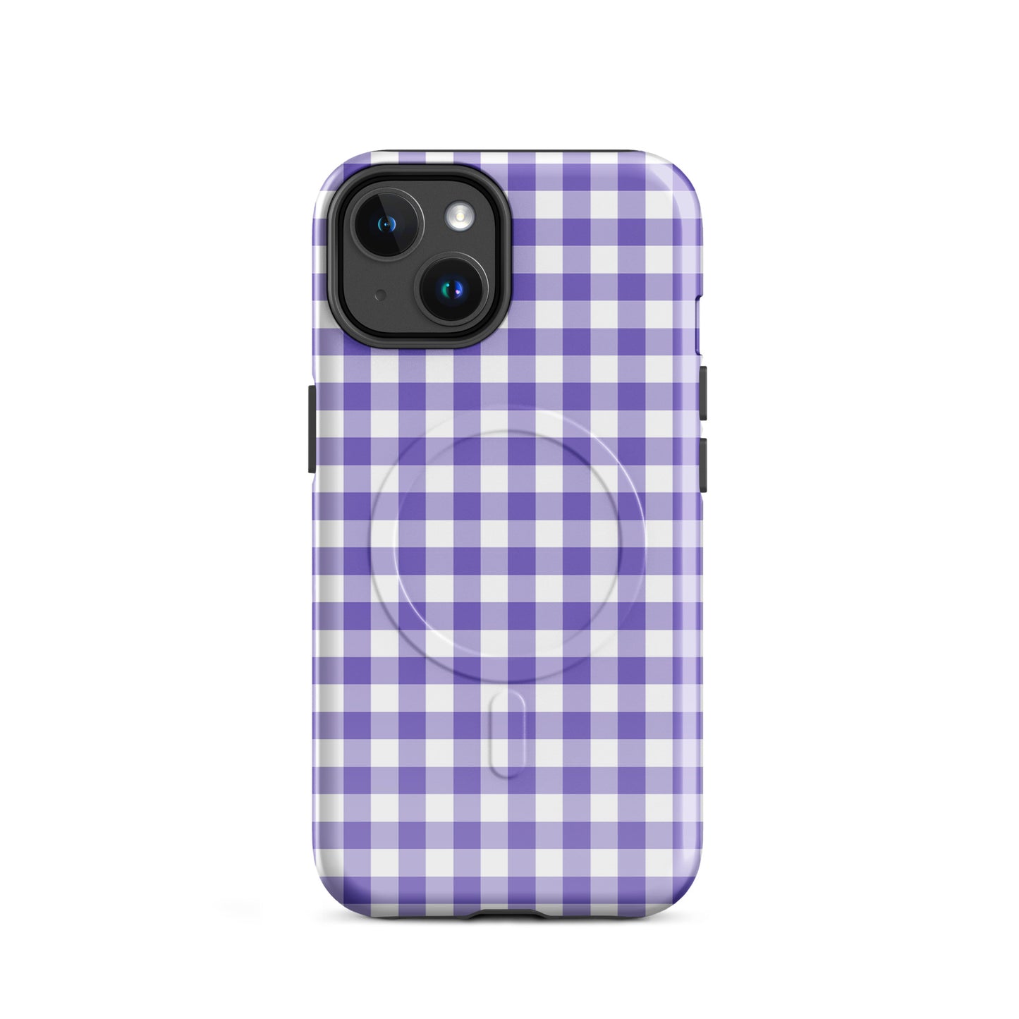 Magnetic Phone Case for iPhone in purple gingham pattern, offering stylish protection and luxury with modern design.